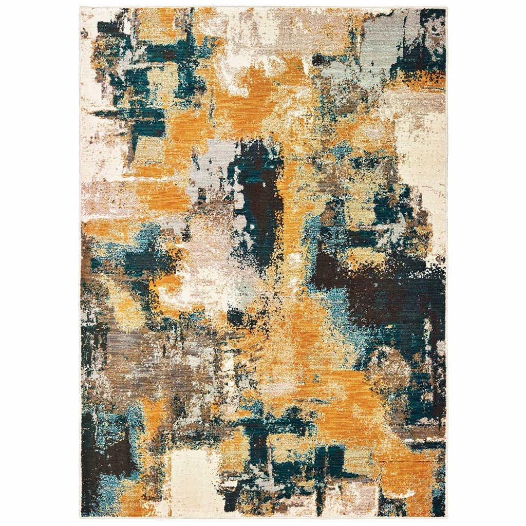 HomeRoots Nylon, Polypropylene 7’x10’ Blue and Gold Abstract Strokes Area Rug