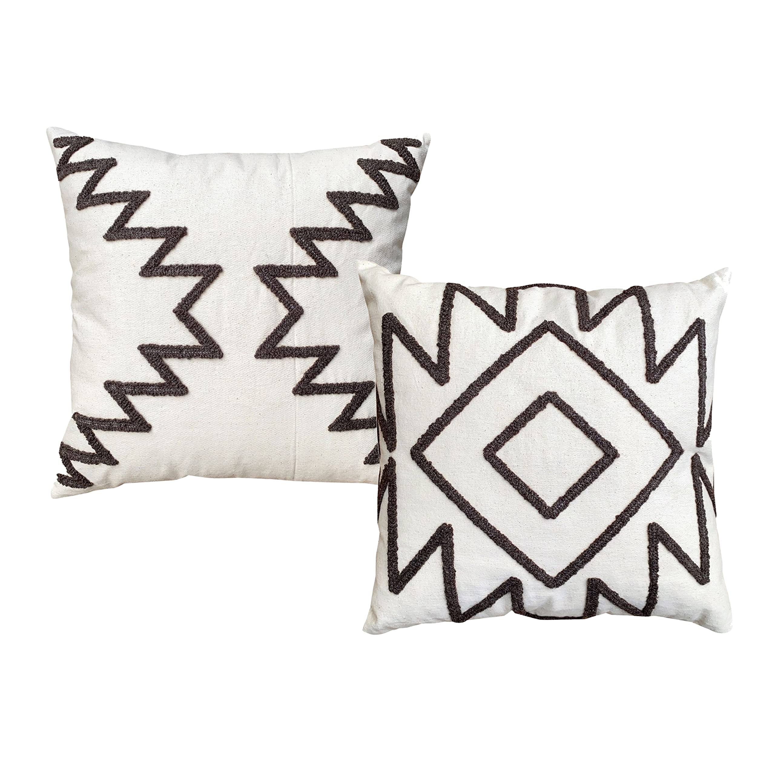 TUP The Urban Port 17 x 17 Inch Square Cotton Accent Throw Pillows, Geometric Aztec Embroidery, Set of 2, White, Gray