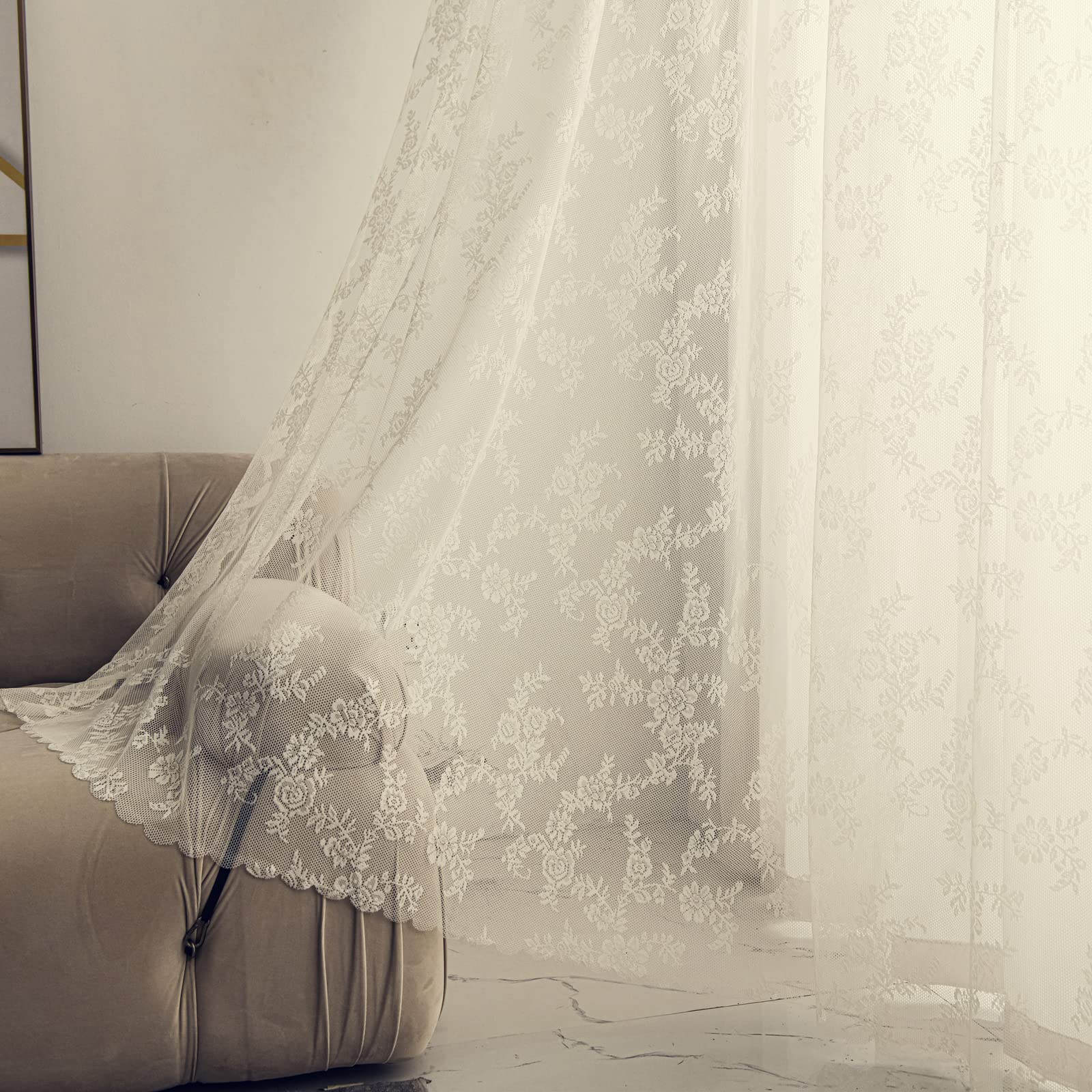 Deeprove Ivory Lace Curtains 96 Inches Long 2 Panels Set, Sheer Accent Florals Embroidery Vintage Window Panel Treatment Pair Dr
