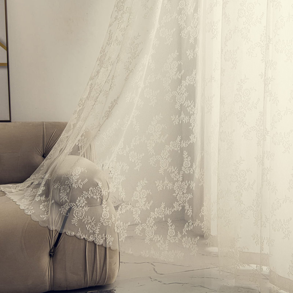 Deeprove Lace Curtains 84 Inches Long 2 Panels Set, Boho Sheer Accent Florals Embroidery Vintage Window Panel Treatment Pair Chi