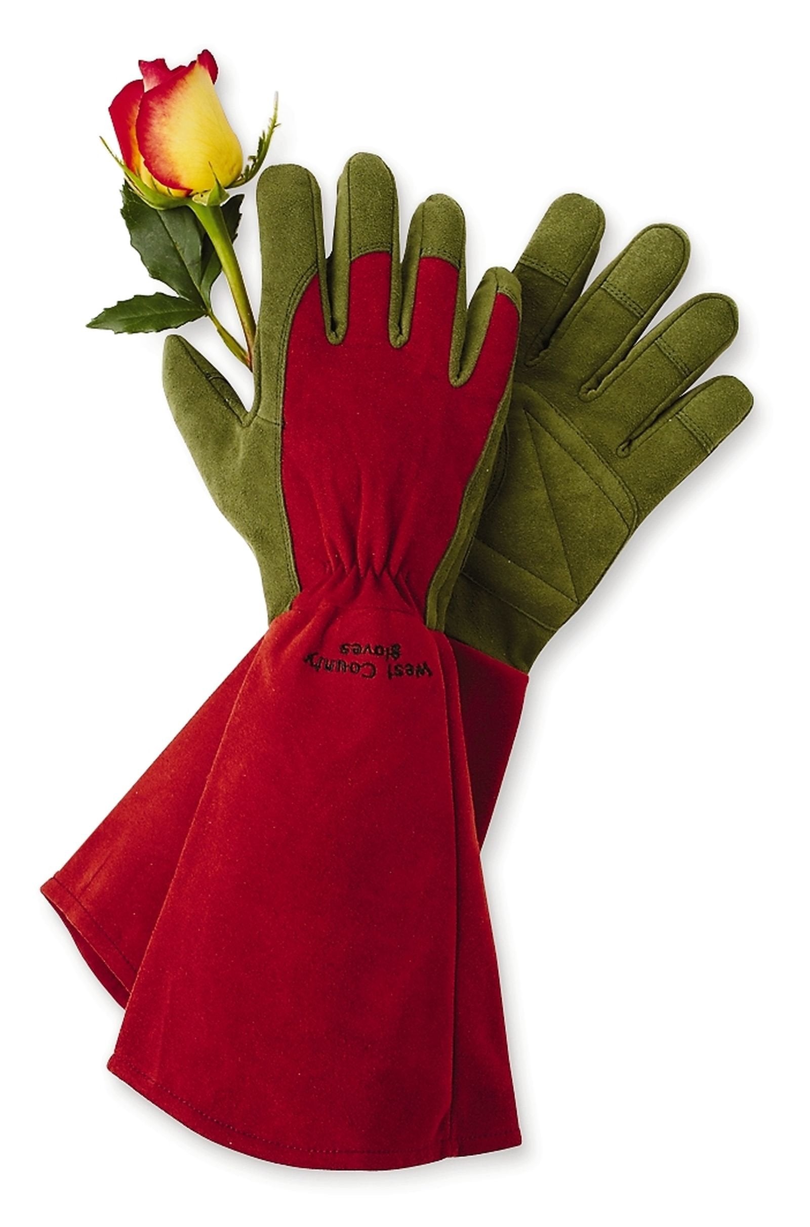 West County 054R/M Gauntlet Rose Gloves - Medium, Ruby, Gardening Gloves W/ Elastic Wrist, Reinforced Fingers, Palm, And Thumb