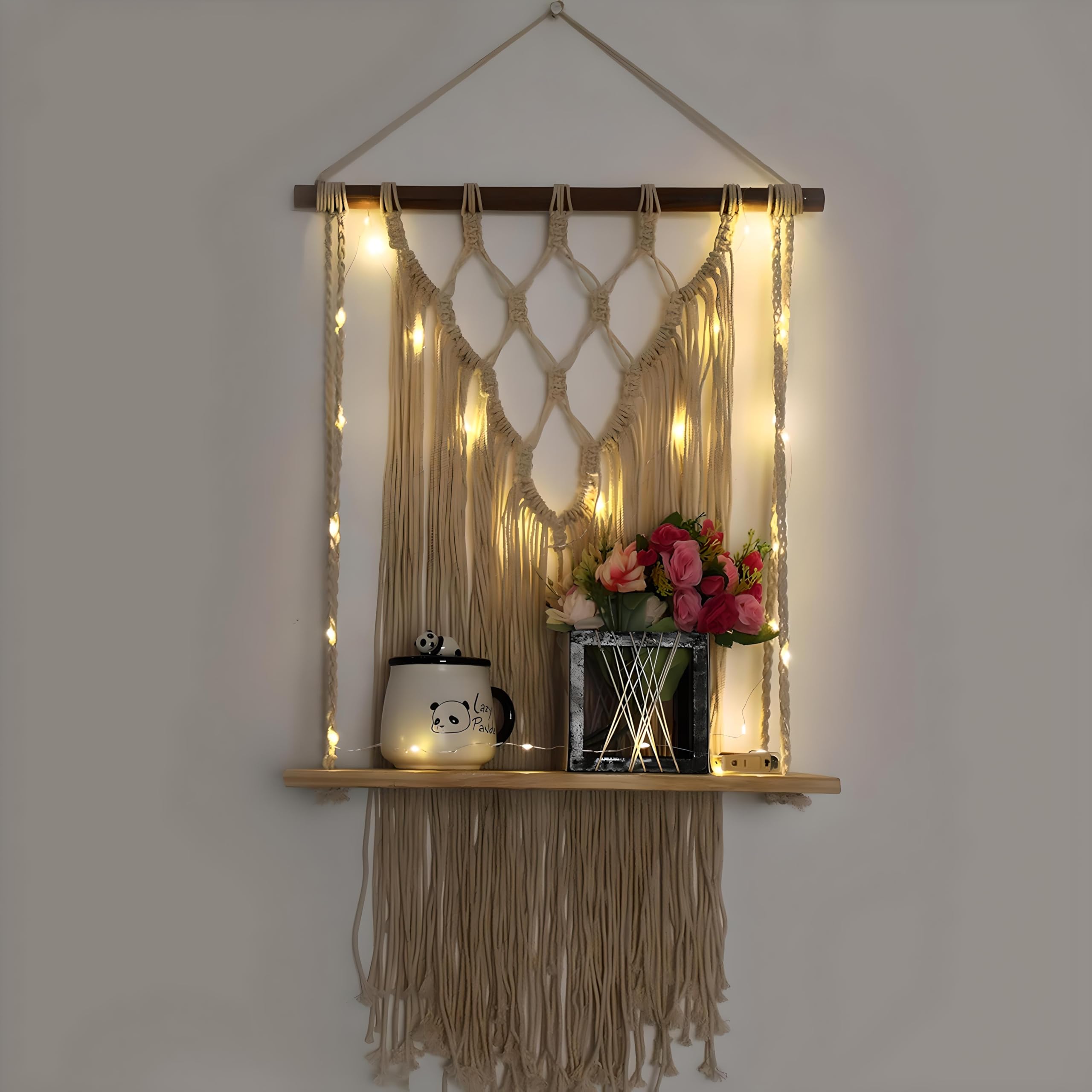 Vah Kya Bat Hai !! Macrame Wall Hanging Shelf, Hanging Shelf, Wooden Shelves,Wall Rack Shelf For Bedroom, Hanging Shelves, Cute