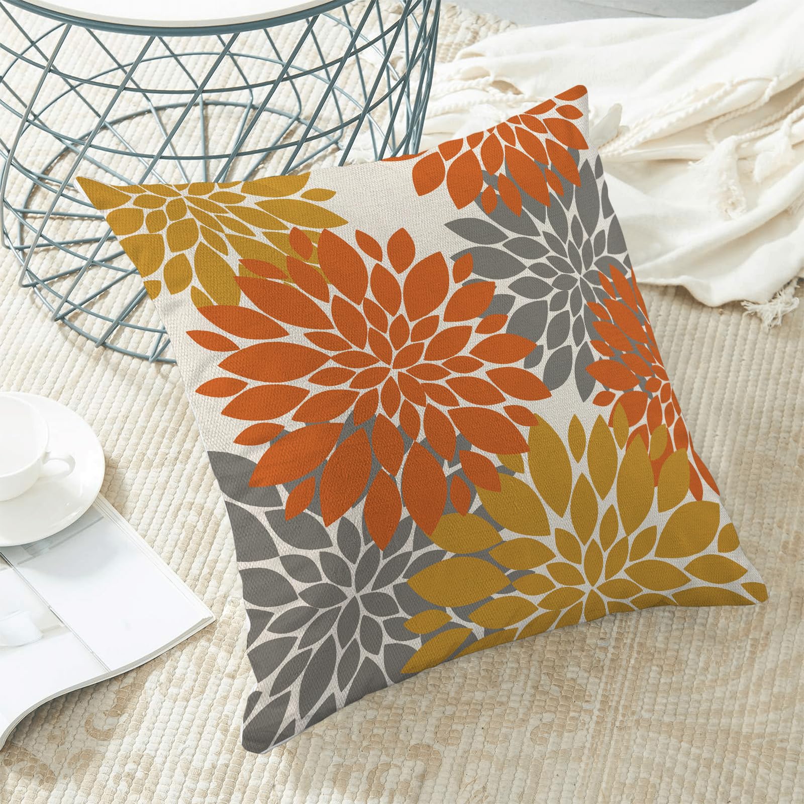 Fall Burnt Orange Outdoor Pillow Covers 18X18 Inch Set Of 2 Mustard Yellow Grey Dahlia Floral Decor Throw Pillows Modern Geometr