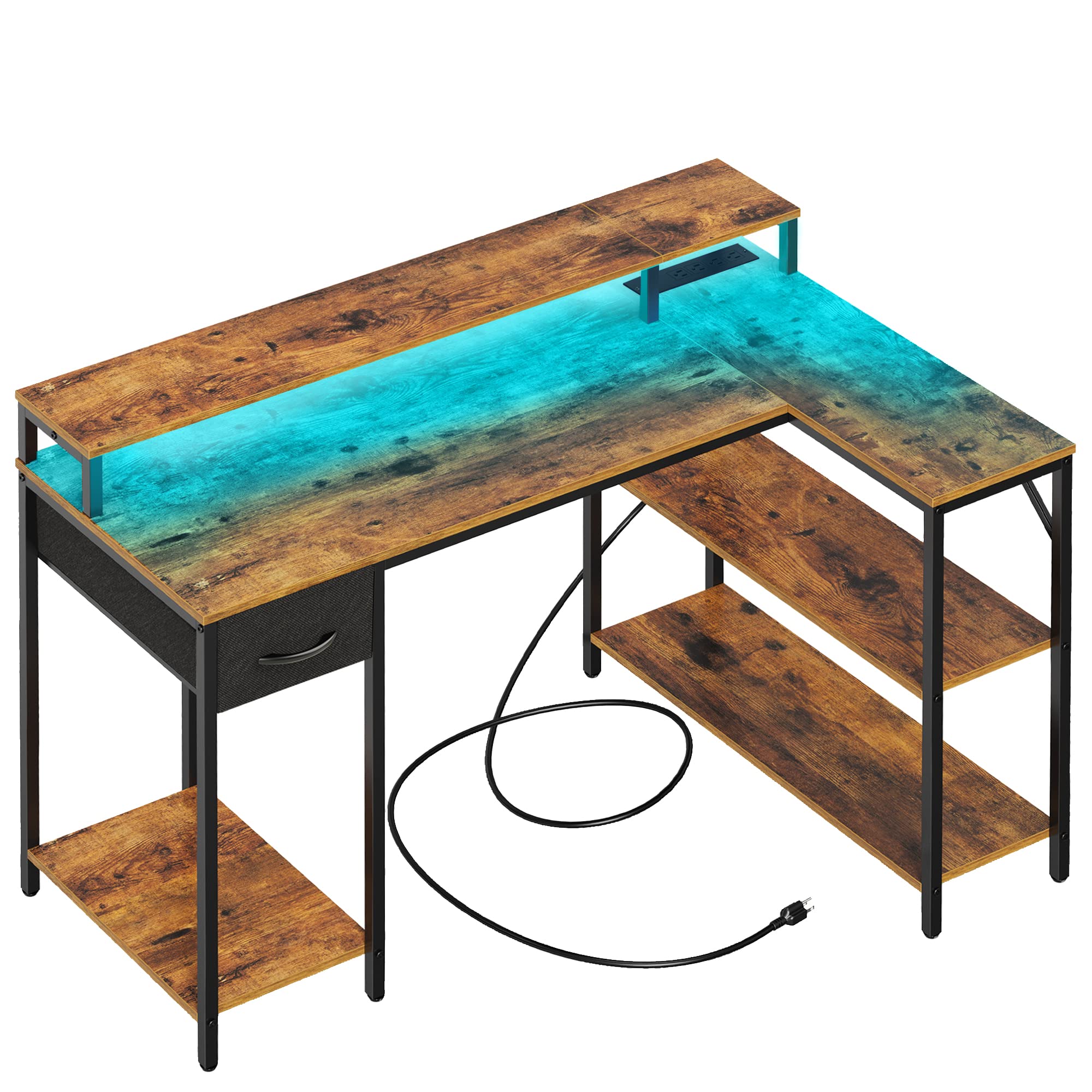 Superjare L Shaped Gaming Desk With Led Lights & Power Outlets, Reversible Computer Desk With Shelves & Drawer, Corner Desk Home Office Desk, Rustic Brown