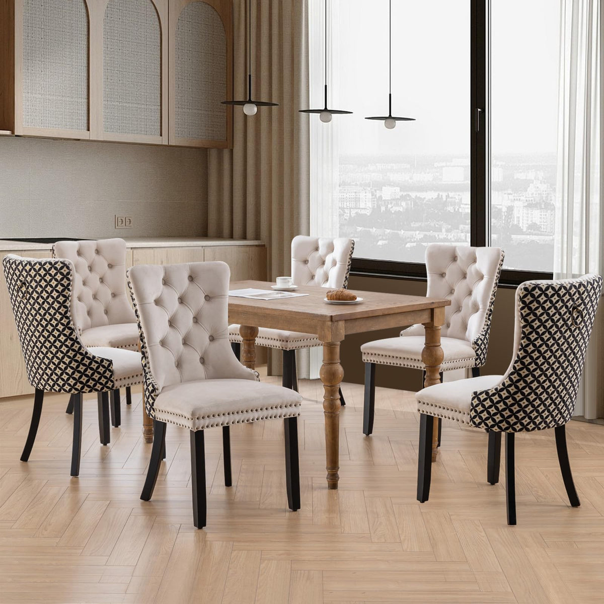 Soarflash Velvet Dining Chairs Set Of 6, Tall Back Side Chair, Modern Upholstered Side Chair With Button Back Ring, Solid Wood L