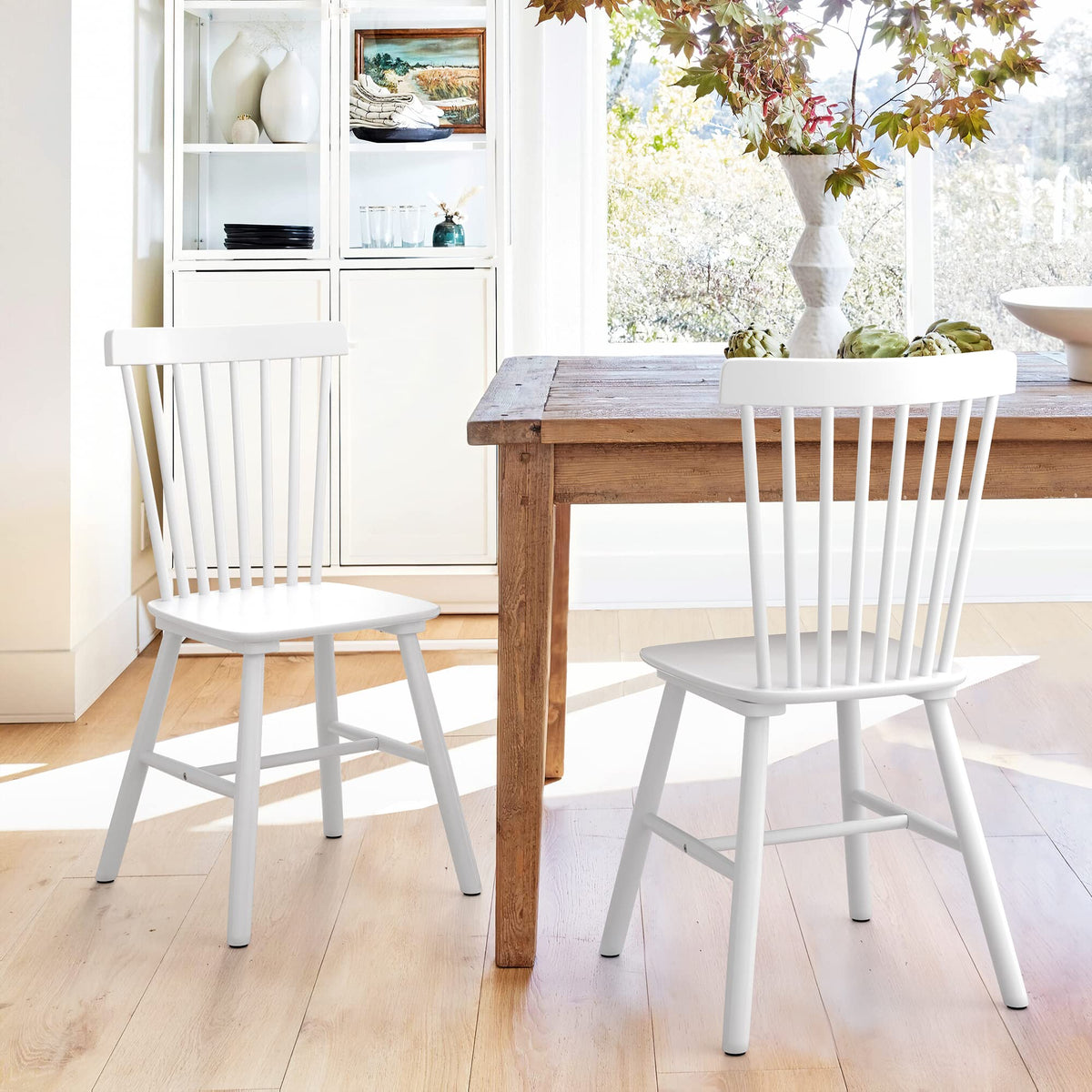 Lue Bona Windsor Dining Chairs Set Of 2, Solid White Wood, Slat Back, Arm Rest, Cushion Availability
