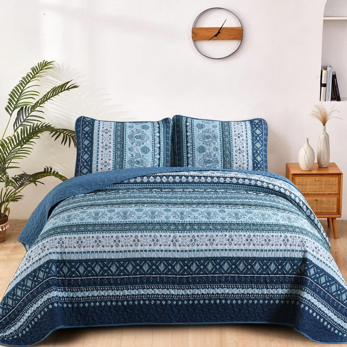Goodidea Boho Quilt King Size, Navy Blue Bohemian Bedspread King Size Set With 2 Pillow Shams, Lightweight Summer Soft Microfibe