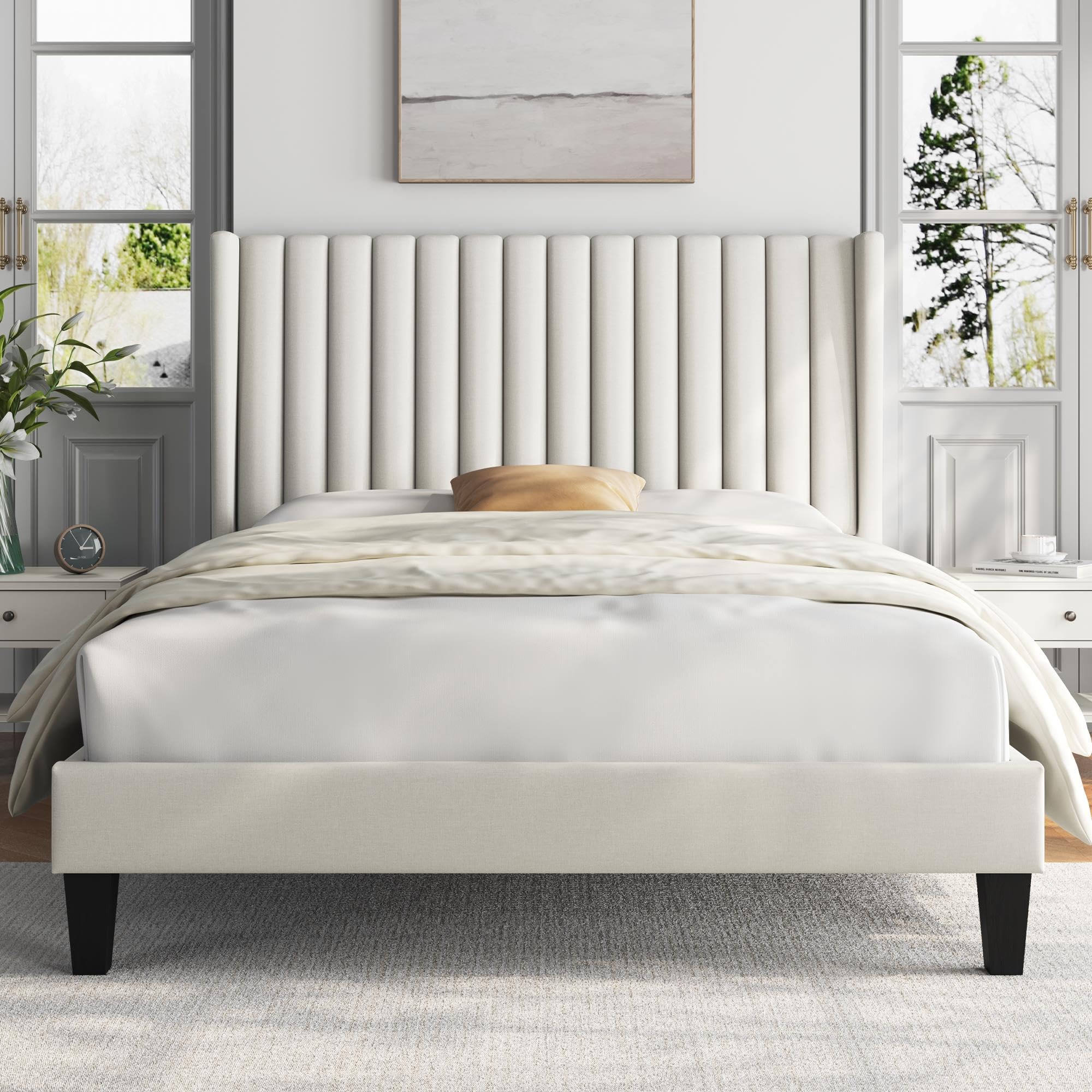 Yaheetech Full Bed Frame Upholstered Platform Bed With Fabric Headboard, Wing Edge Design/Non-Slip And Noise-Free/Wooden Slats Support/No Box Spring Needed/Easy Assembly, Beige Full Bed