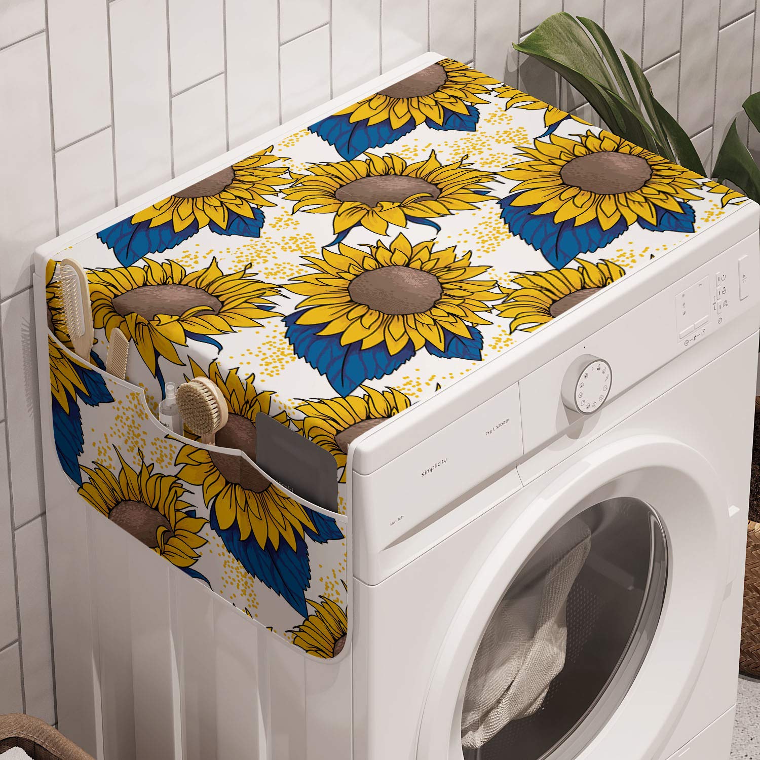 Ambesonne Sunflower Washing Machine Organizer Pack Of 2, Graphic Harvest Themed Illustration Cartoon Design, Anti-Slip Cover For