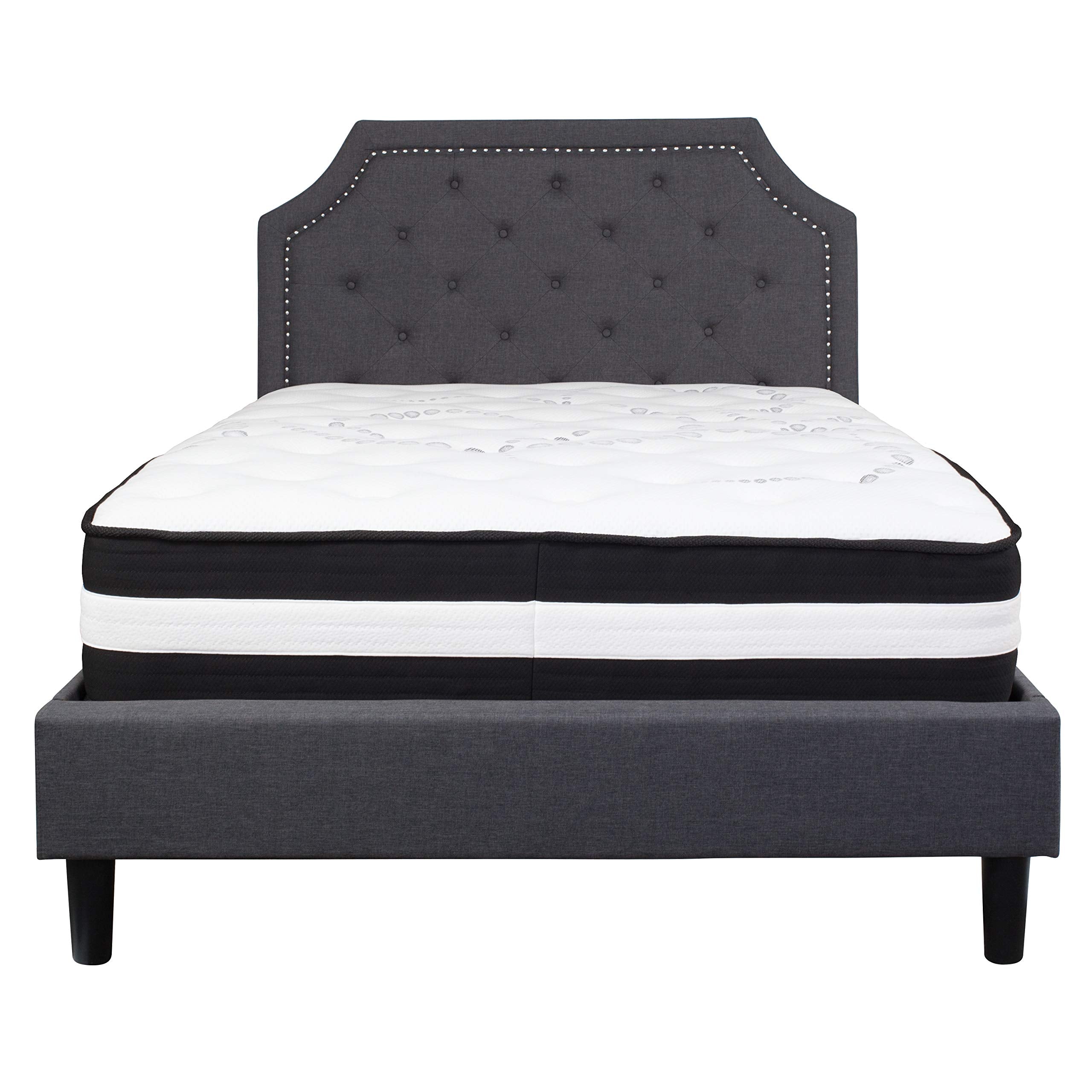 Flash Furniture Brighton Full Size Tufted Upholstered Platform Bed In Dark Gray Fabric With Pocket Spring Mattress