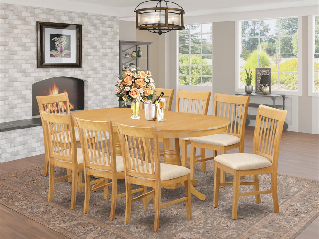 East West Furniture VANO9-OAK-C 9 Piece Dining Set Includes an Oval Dining Table with Butterfly Leaf and 8 Linen Fabric Kitchen Room Chairs, 40x76 Inch, Oak