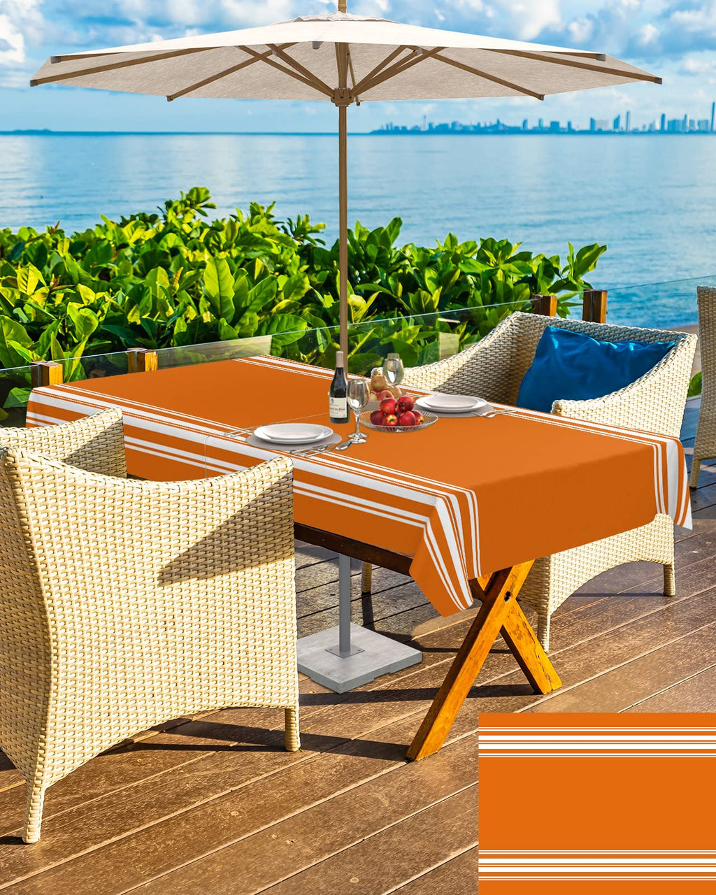 Fall Outdoor Tablecloth With Umbrella Hole, Farmhouse Orange White Stripe Rectangle Tables Zippered Table Cloth Waterproof Table