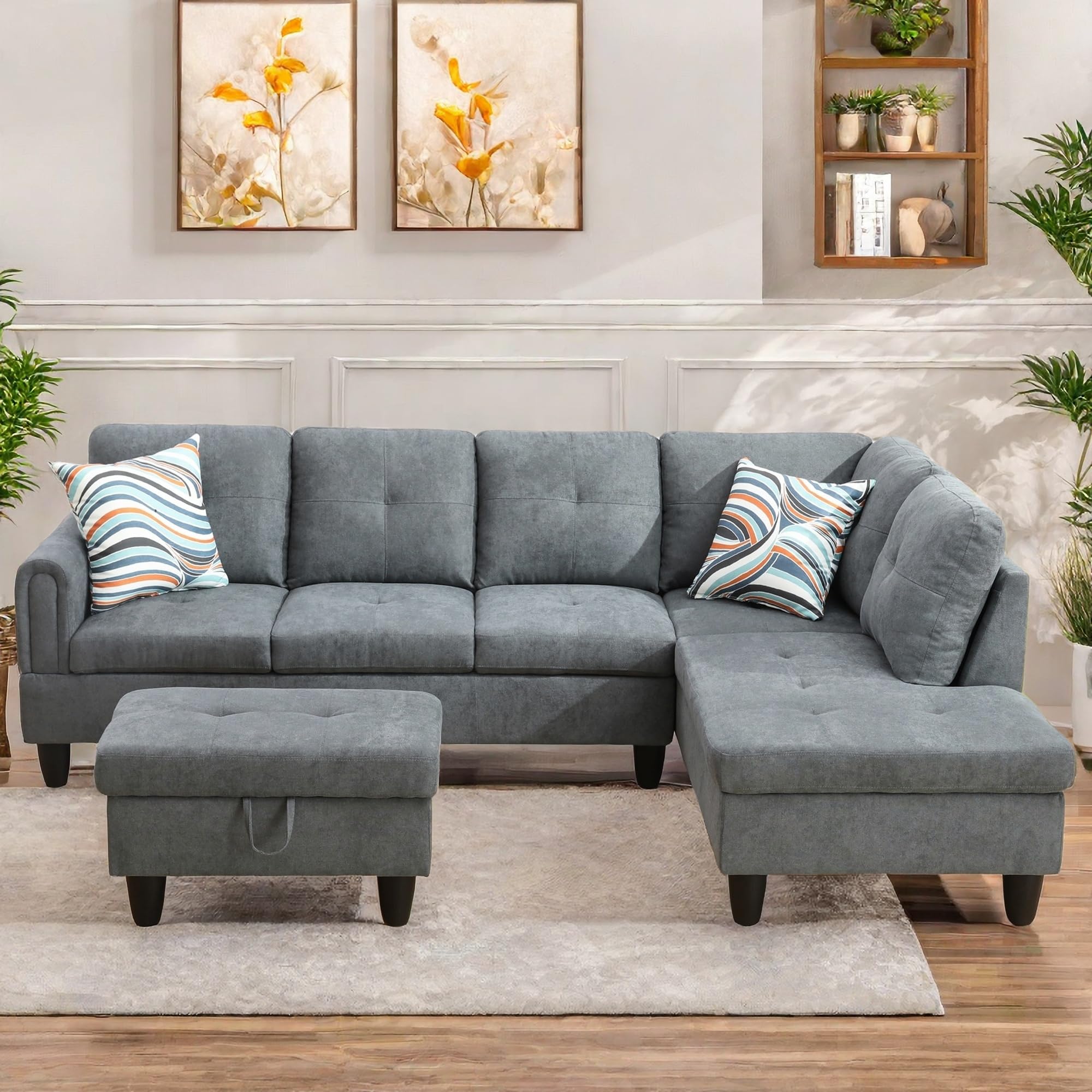 FONTOI L Shaped Sectional Couch Sofa, Modern Couches for Living Room, Comfy 4 Seat Modular Sectional Sofa with Ottoman Storage f