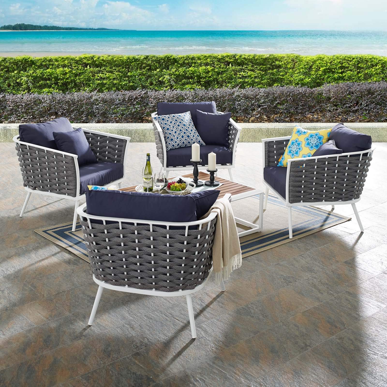 Modway Stance Outdoor Patio Aluminum Sectional Sofa Set, 5 Piece, White Navy