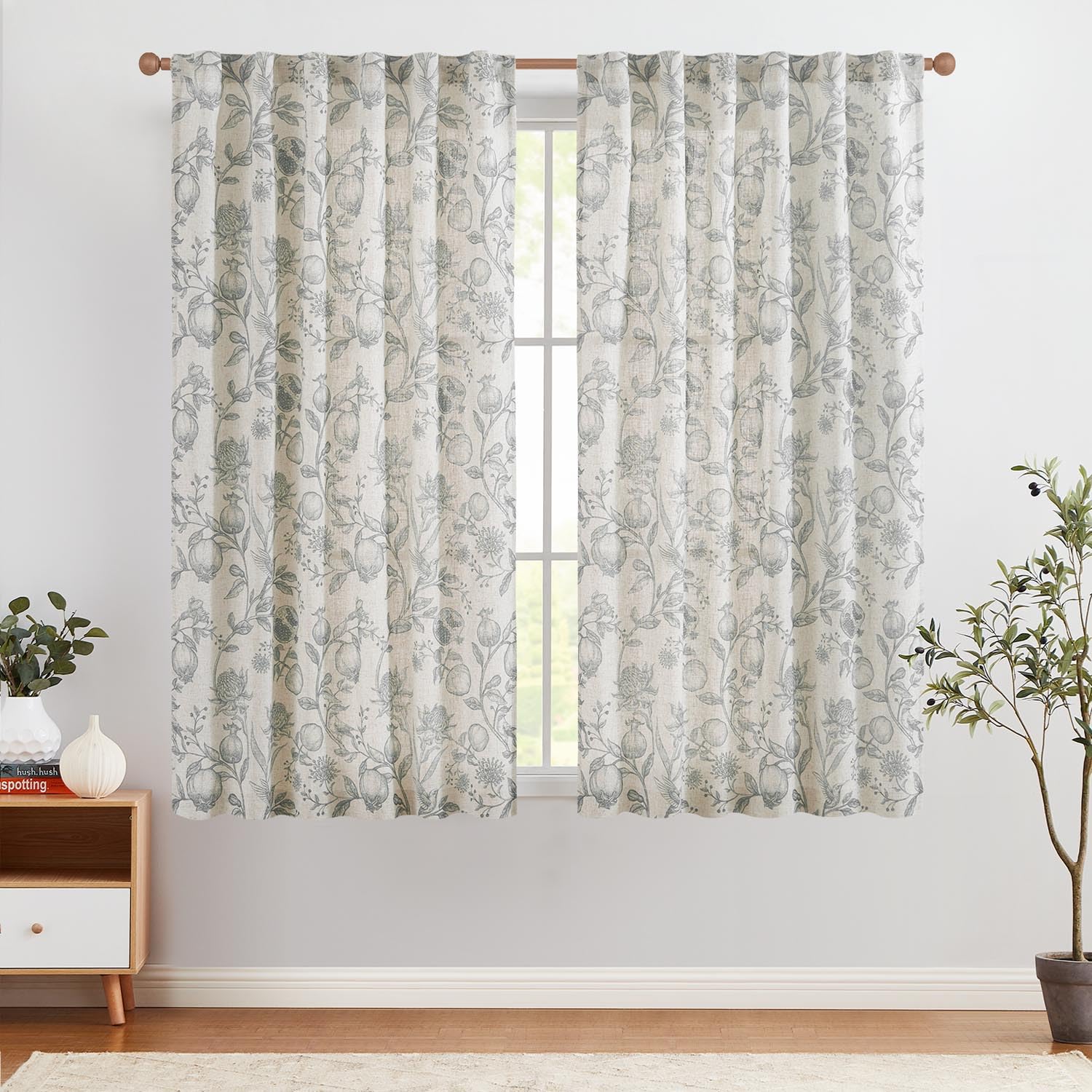 Jinchan Linen Curtains Floral Curtains For Living Room 63 Inch Length Grey French Curtains Rod Pocket Light Filtering Toile Prin