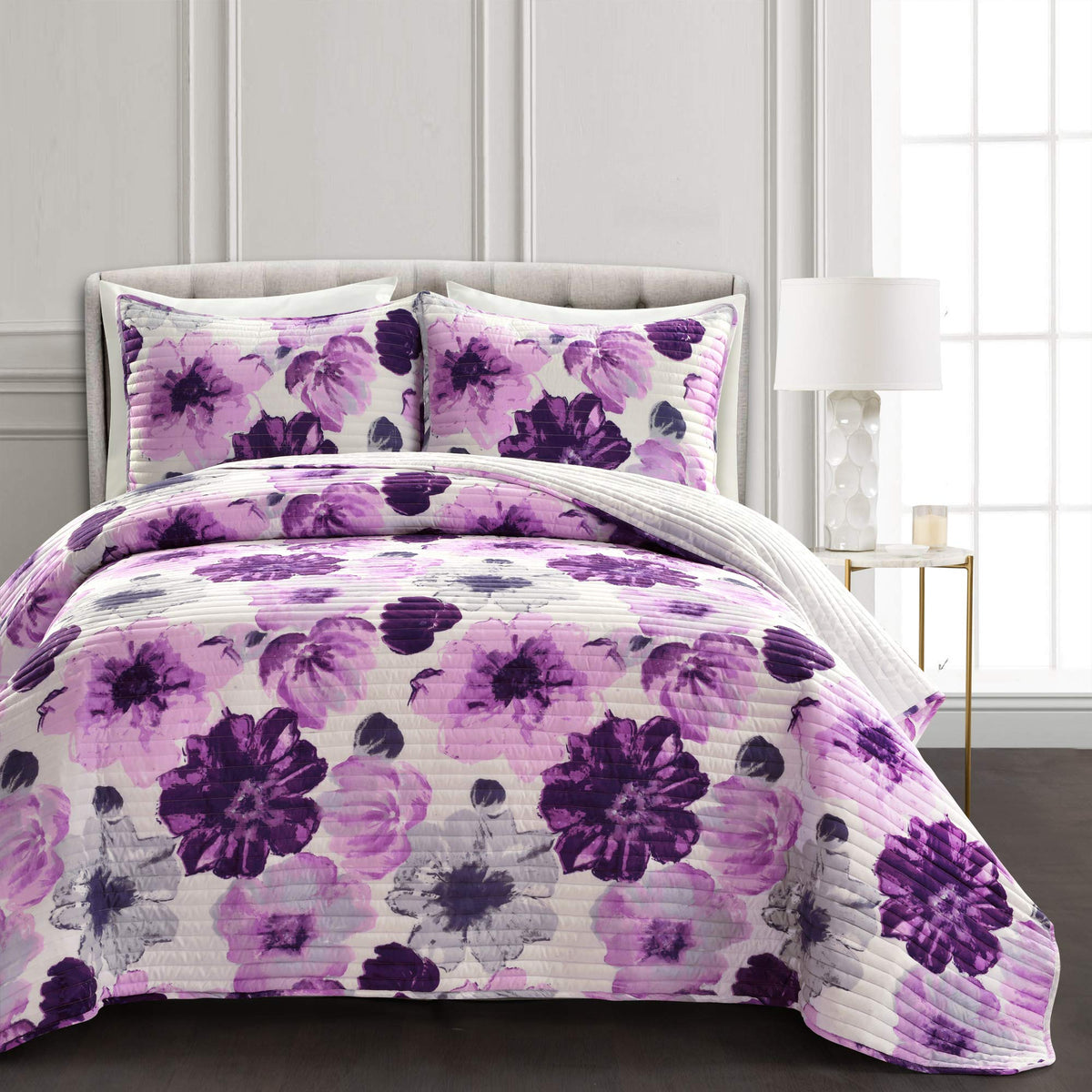 Lush Decor Leah Reversible Floral Quilt Set, 3 Piece Set, Full/ Queen, Gray & Purple - Charming Floral Bedding Set - Large Bloom