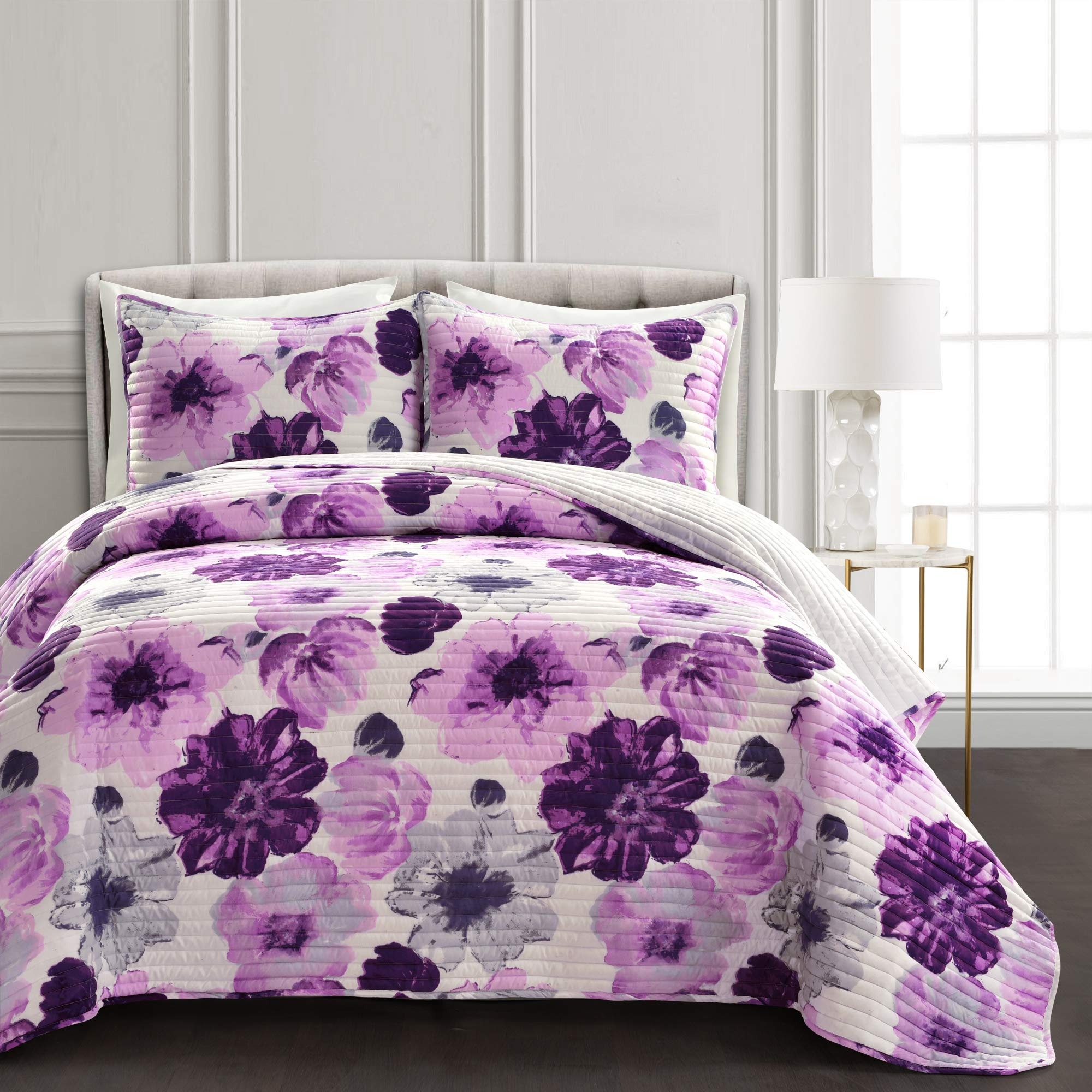 Lush Decor Leah Reversible Floral Quilt Set, 3 Piece Set, Full/ Queen, Gray & Purple - Charming Floral Bedding Set - Large Bloom