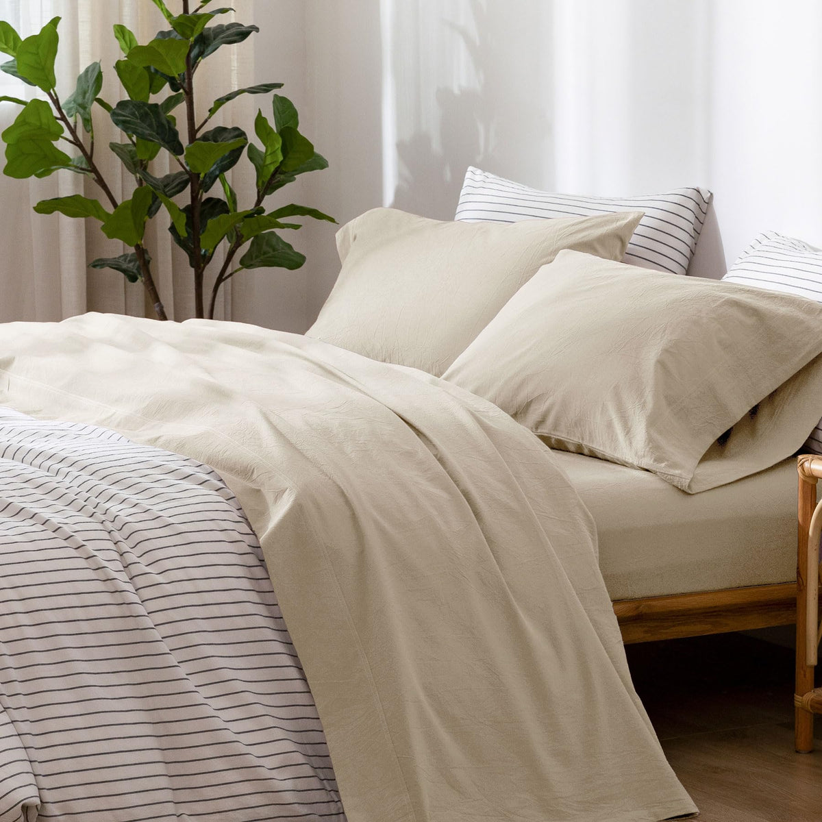 Moomee Bedding Sheet Set 100% Washed Cotton Linen Like Textured Breathable Durable Soft Comfy (Almond Milk Grey, Twin)