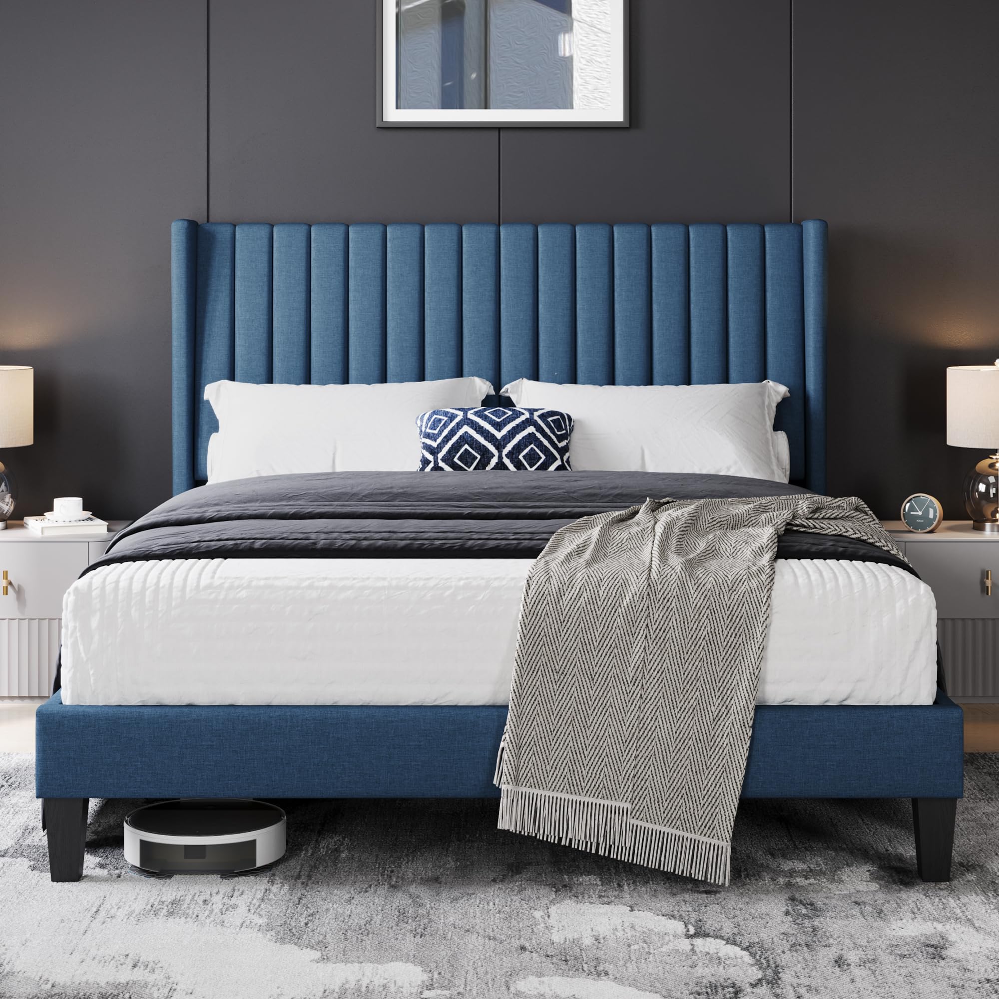 Yaheetech Queen Bed Frame Upholstered Platform Bed With Fabric Headboard, Wing Edge Design/Non-Slip And Noise-Free/Wooden Slats Support/No Box Spring Needed/Easy Assembly, Navy Blue Queen Bed