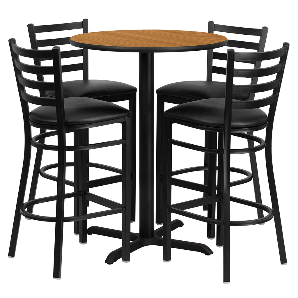 Flash Furniture 30'' Round Natural Laminate Table Set with X-Base and 4 Ladder Back Metal Barstools - Black Vinyl Seat