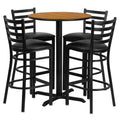 Flash Furniture 30'' Round Natural Laminate Table Set with X-Base and 4 Ladder Back Metal Barstools - Black Vinyl Seat