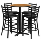 Flash Furniture 30'' Round Natural Laminate Table Set with X-Base and 4 Ladder Back Metal Barstools - Black Vinyl Seat