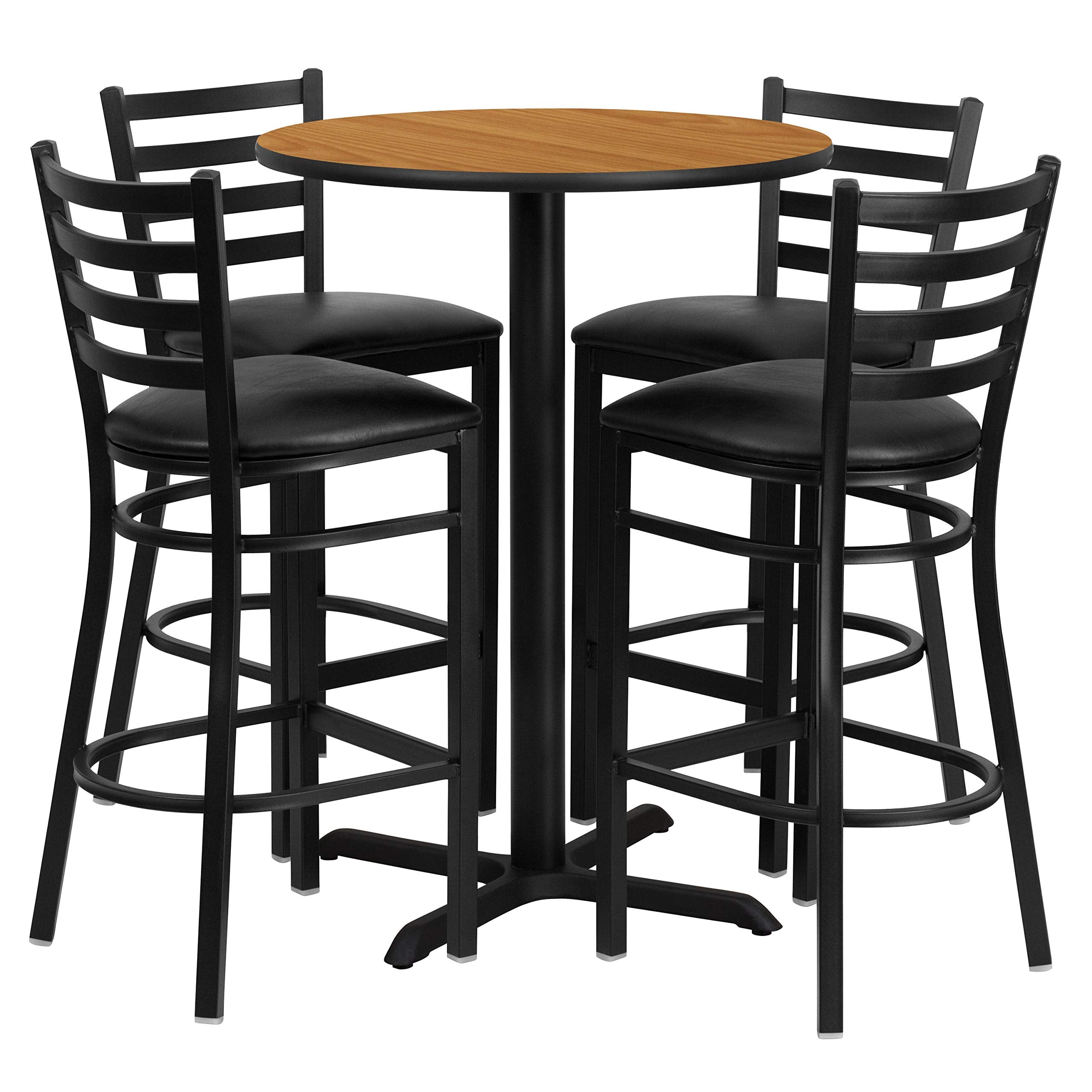 Flash Furniture 30'' Round Natural Laminate Table Set with X-Base and 4 Ladder Back Metal Barstools - Black Vinyl Seat