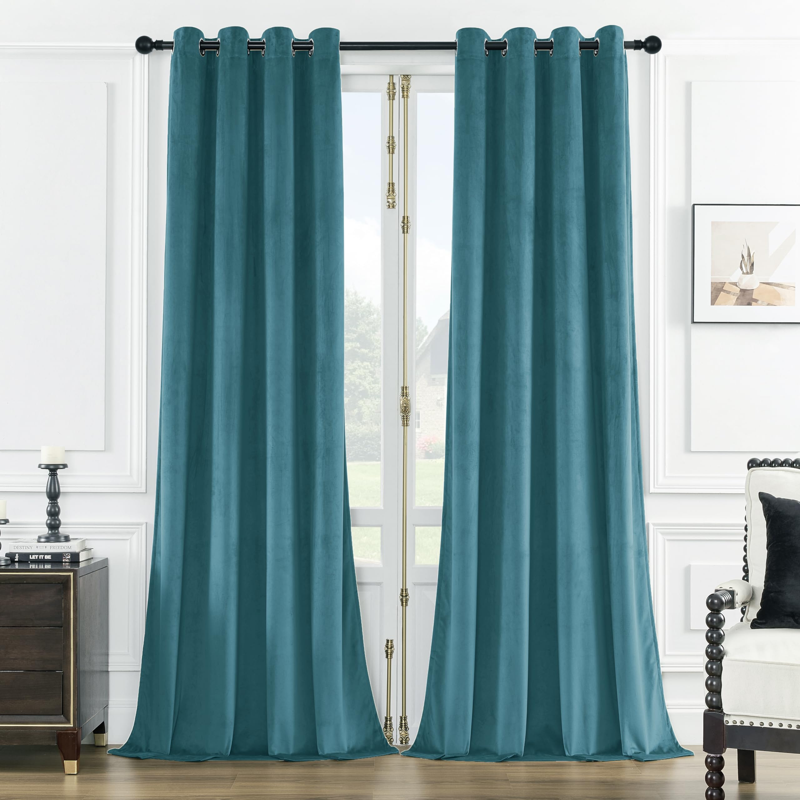 SMILETIME Lake Blue 96 in Long Velvet Curtains with Grommet, Thermal Insulated Super Soft Privacy Noise Reducing Light Blocking 