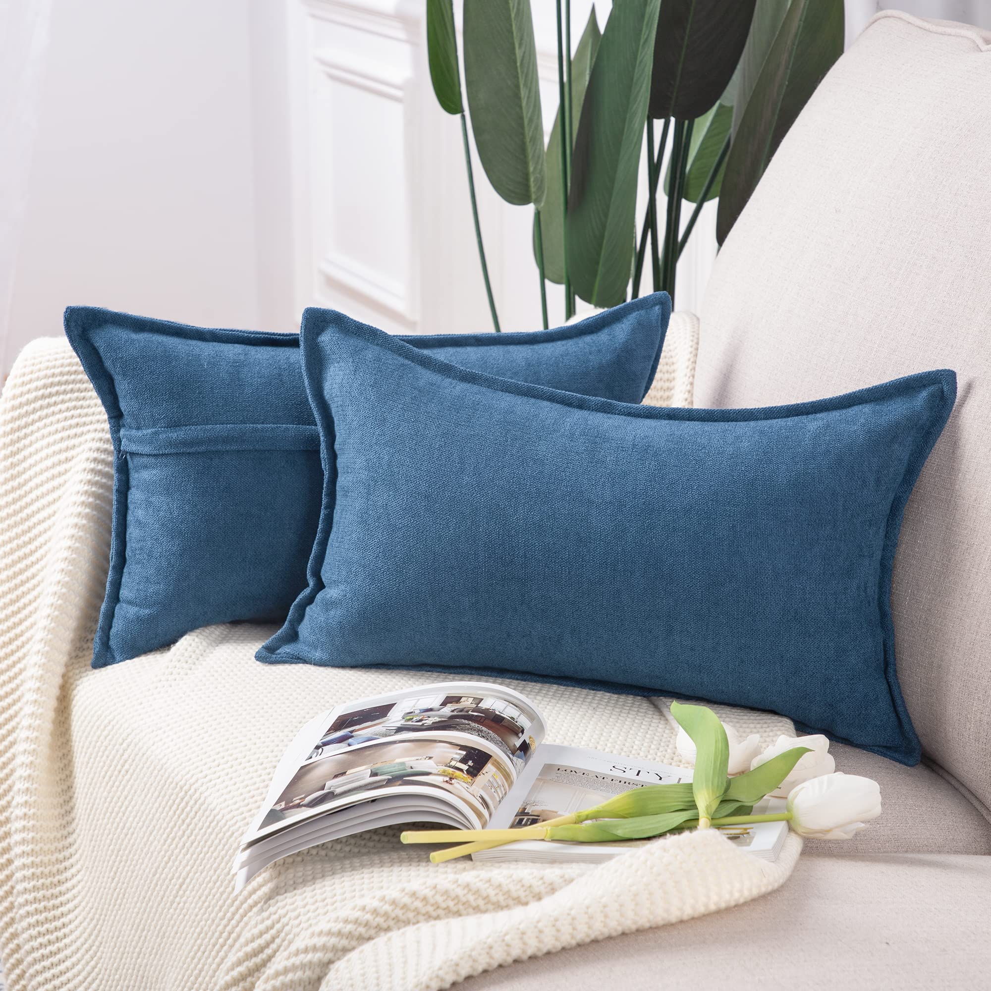 Madizz Set Of 2 Short Chenille Throw Pillow Covers 12X20 Inch Denim Blue Soft Decorative Cushion Cover For Sofa Bedroom Pillow S