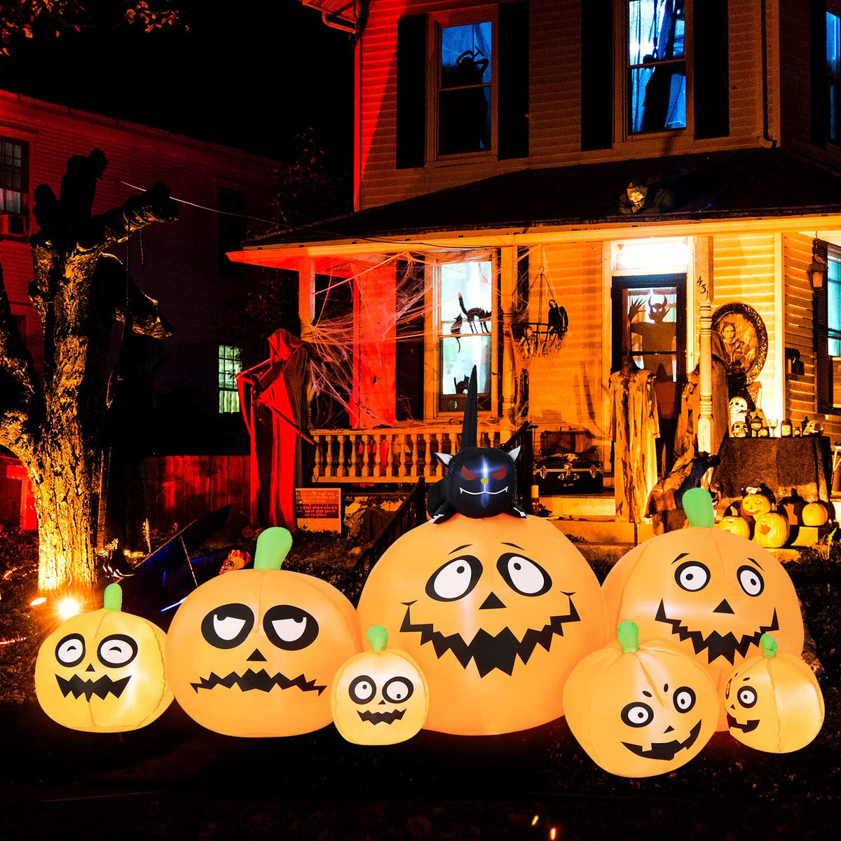 Tangkula 8 Ft Halloween Inflatable Pumpkin Patch Lanterns With Witch’S Cat, Blow Up 7 Pumpkins Family With Built-In Led Lights & Ground Stakes, Outdoor Halloween Decorations For Yard, Garden, Lawn