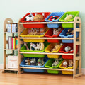 Orekemo Toy Storage Organizer with Bookshelf, Wooden Toy Organizers with 3 Shelves 12 Storage Bins, Kids Bin Shelf Toys Box Book