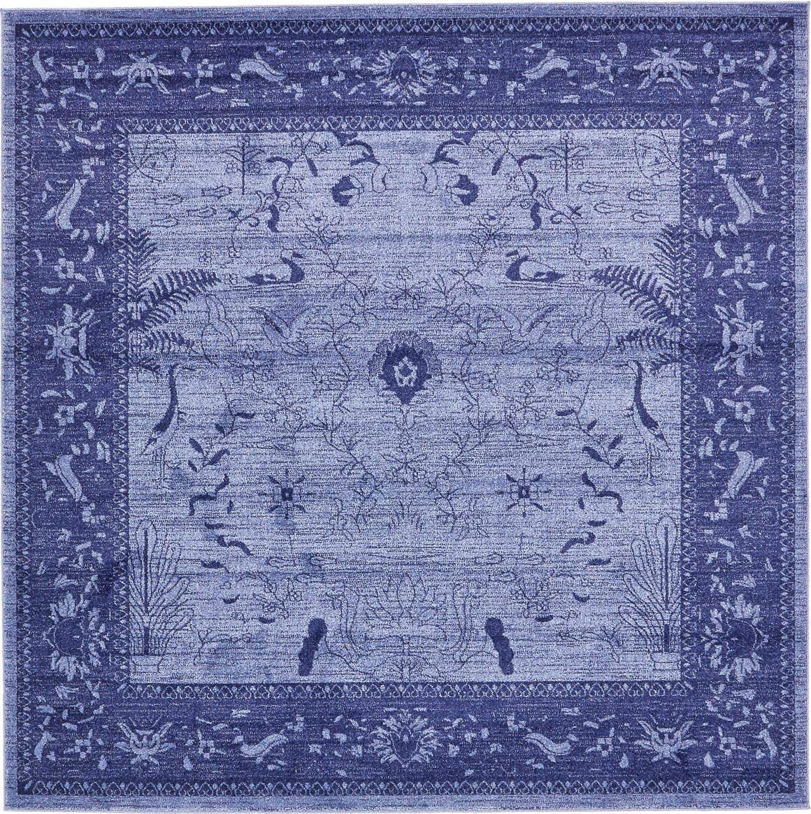 Unique Loom La Jolla Collection Farmhouse, Contemporary, Botanical, Traditional, Vintage Area Rug, Square 8 0 x 8 0, Blue/Navy