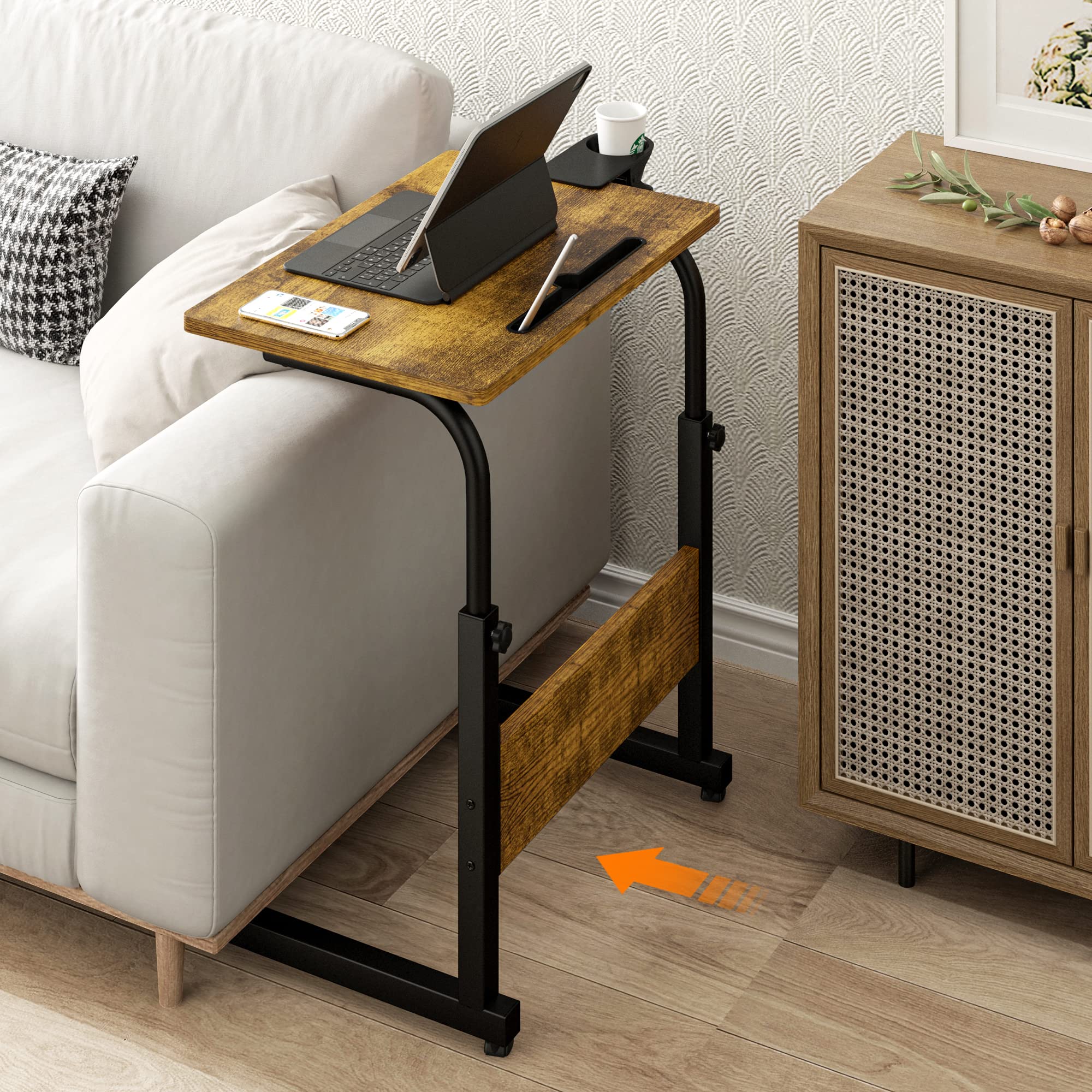 Klvied Mobile Standing Desk, Rolling Desk With Cup Holder, Portable Laptop Couchtable, Small Computer Desk, Bedside Table, Mobile Laptop Stand, Work Desk For Home Office, Walnut