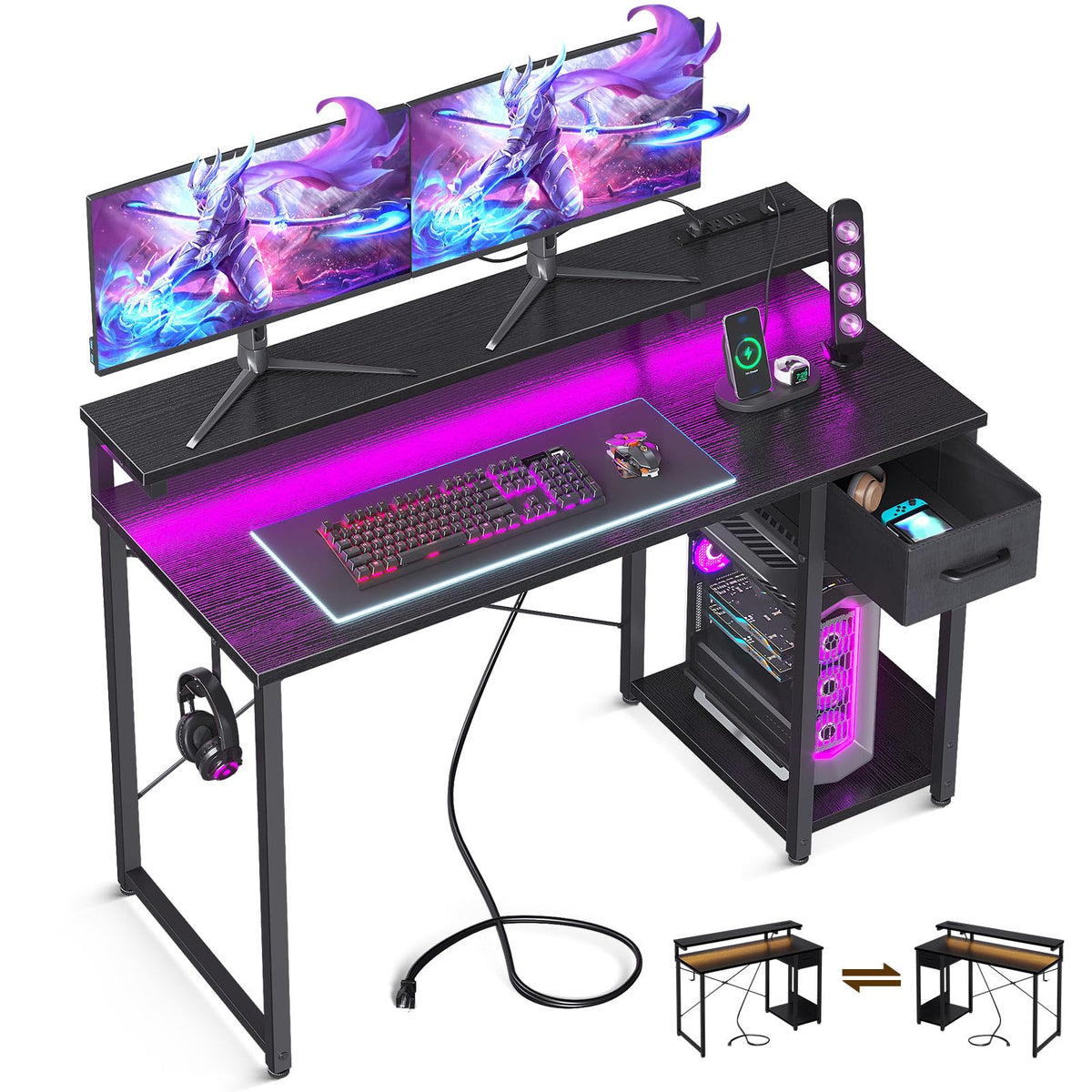 Aodk Gaming Desk With Led Lights & Power Outlet, 48 Inch Computer Desk With Drawer, Reversible Desk With Adjustable Monitor Shelf & Headphone Hook For Home Office, Black