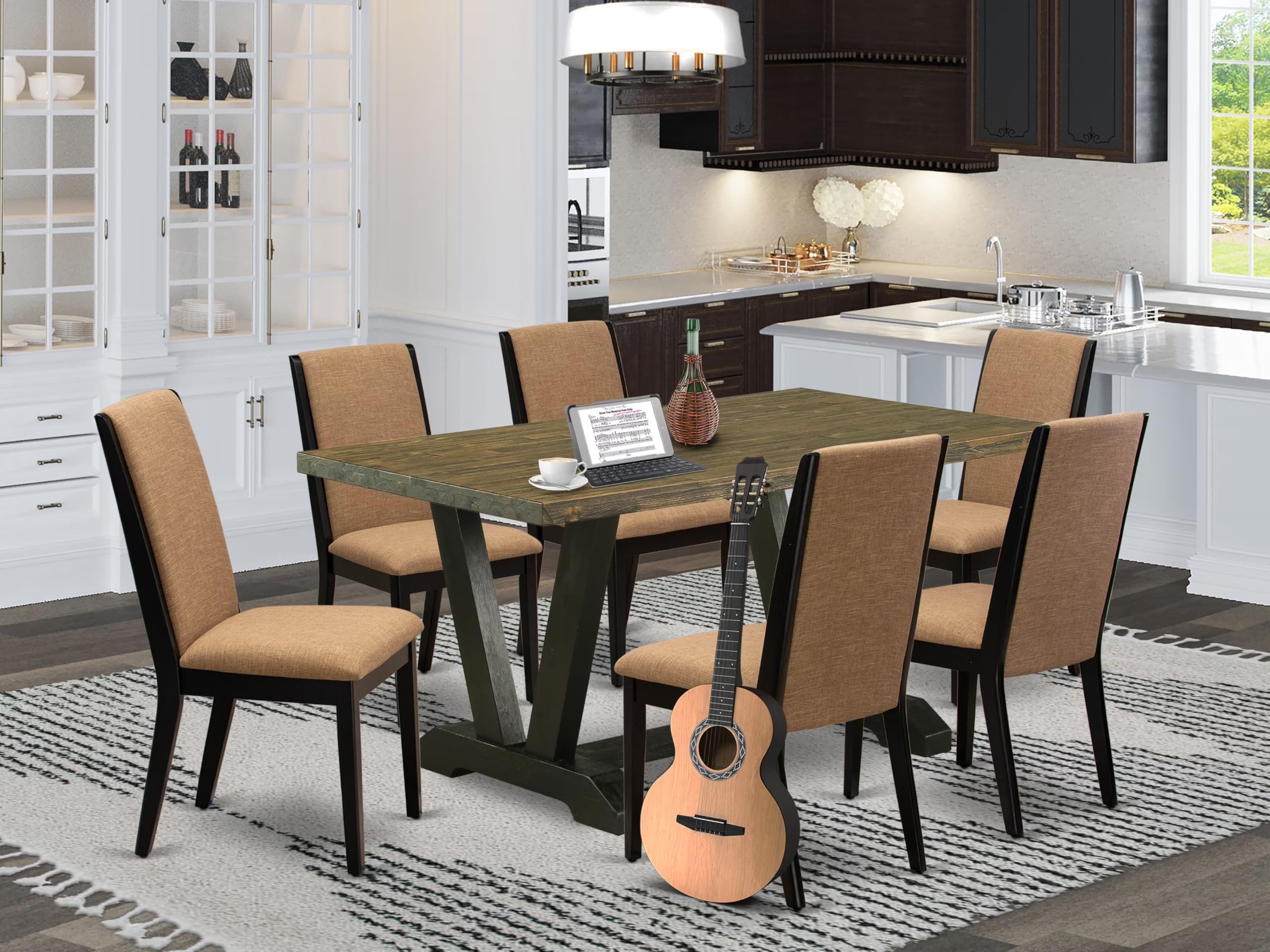 East West Furniture V676La147-7 7 Piece Dining Table Set Consist Of A Rectangle Dining Room Table With V-Legs And 6 Light Sable Linen Fabric Upholstered Chairs, 36X60 Inch, Multi-Color