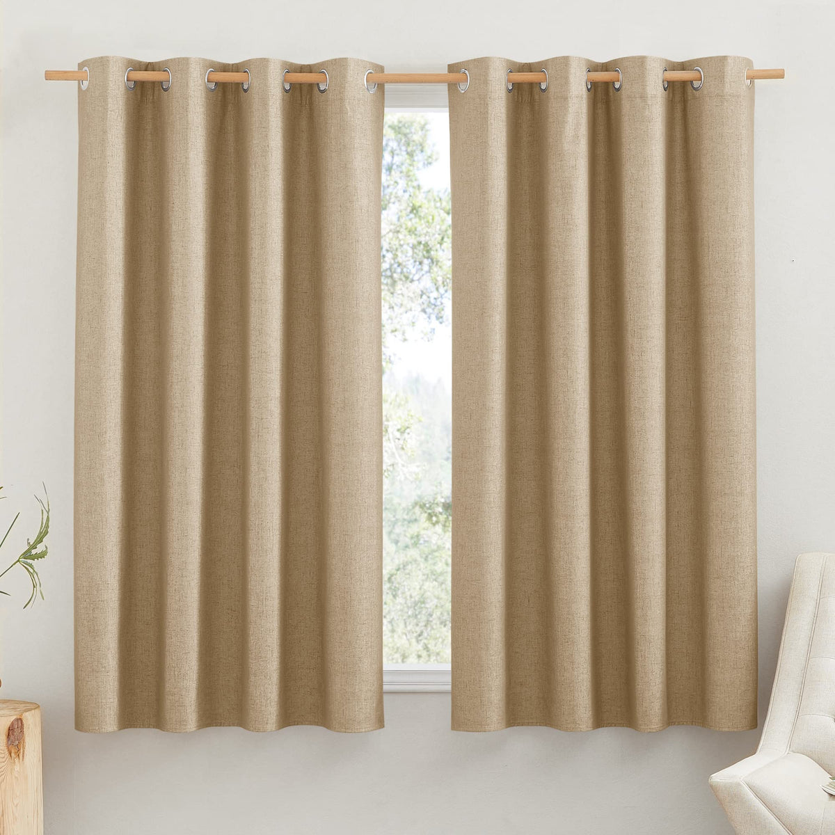 Nicetown 100% Absolutely Blackout Linen Curtains With Thermal Insulated White Liner, Camel, 52' Wide By 45' Long, 2 Pieces, Li