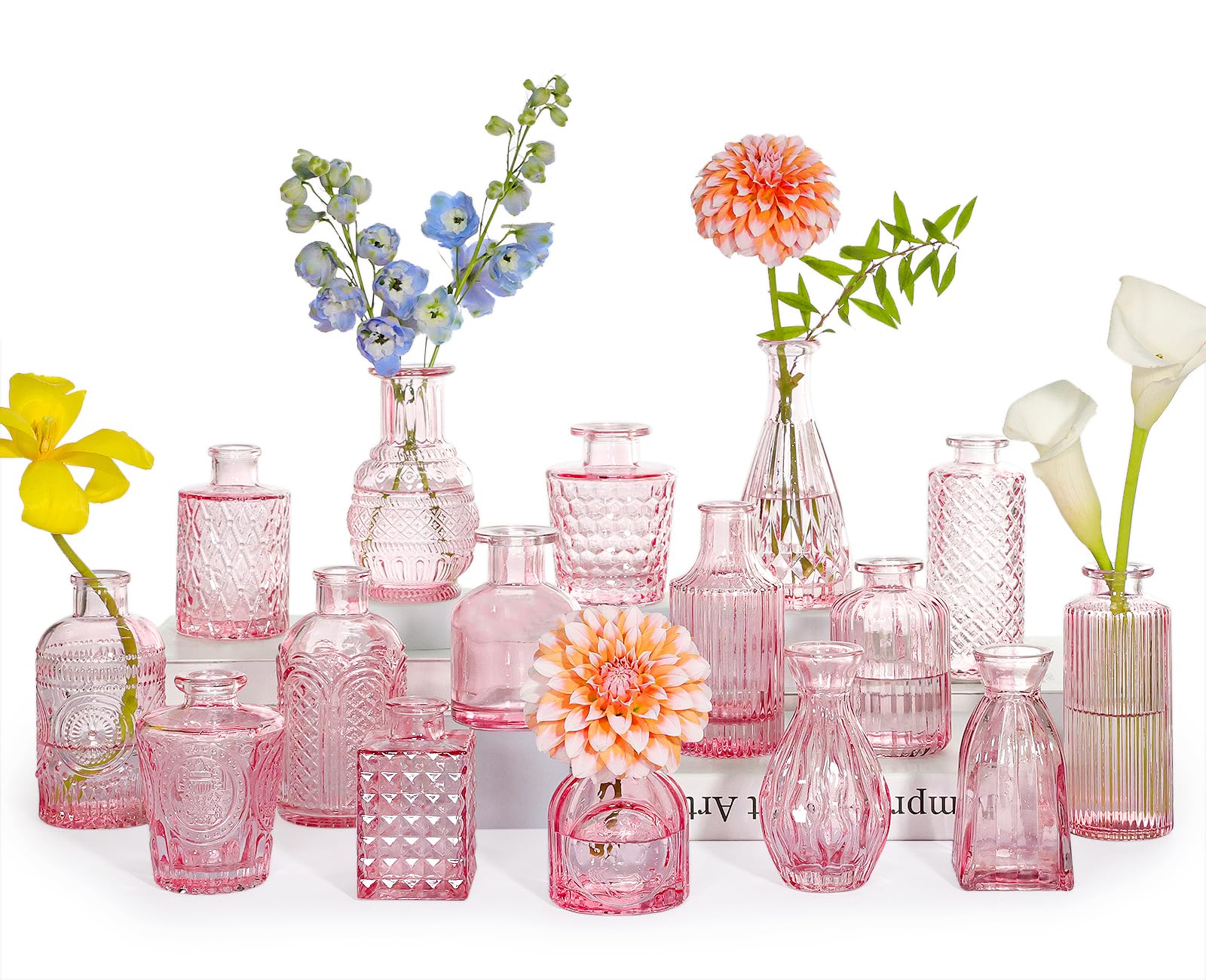SUPMIND Glass Bud Vase Set of 16, Small Pink Flower Vases for Table Centerpieces in Bulk, Cute Mini Vintage Vase for Wedding, Ho