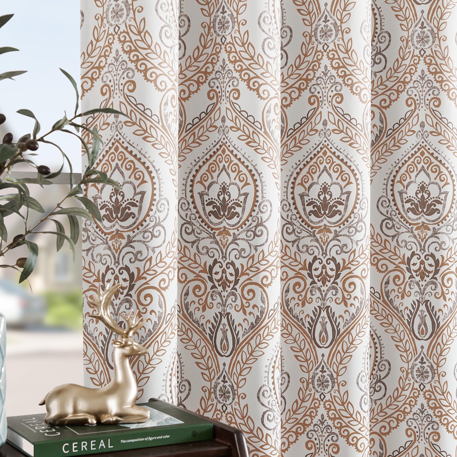 Jinchan 100% Blackout Curtains 84 Inches Long Brown Damask Medallion Window Curtains For Bedroom Grommet Thermal Insulated Drapes For Living Room Vintage Luxury Window Treatments Set 2 Panels