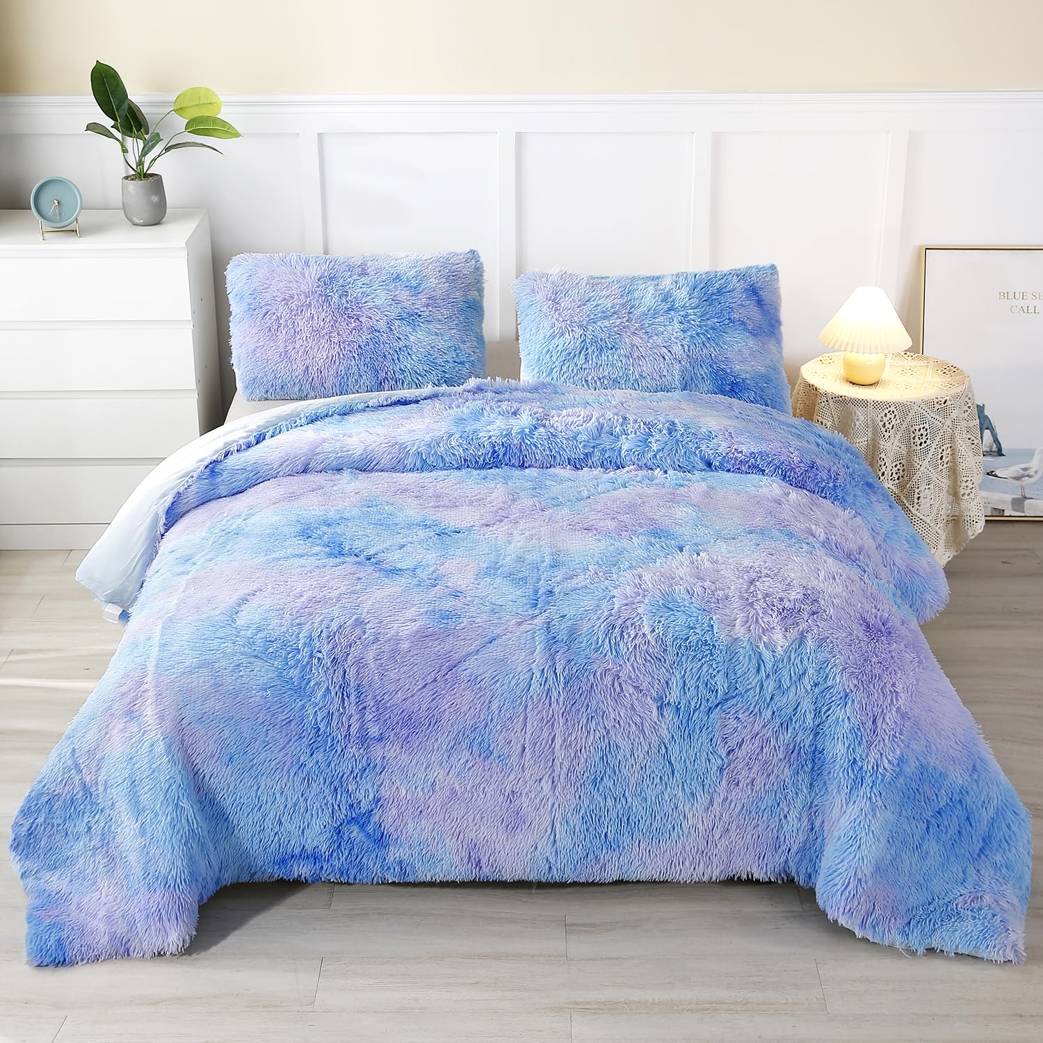 Winlife Shaggy Bedding Comforter Set Faux Fur Flannel Furry Comforter Microfiber Plush Comforter Sets Pastel Gradient Ombre Tie