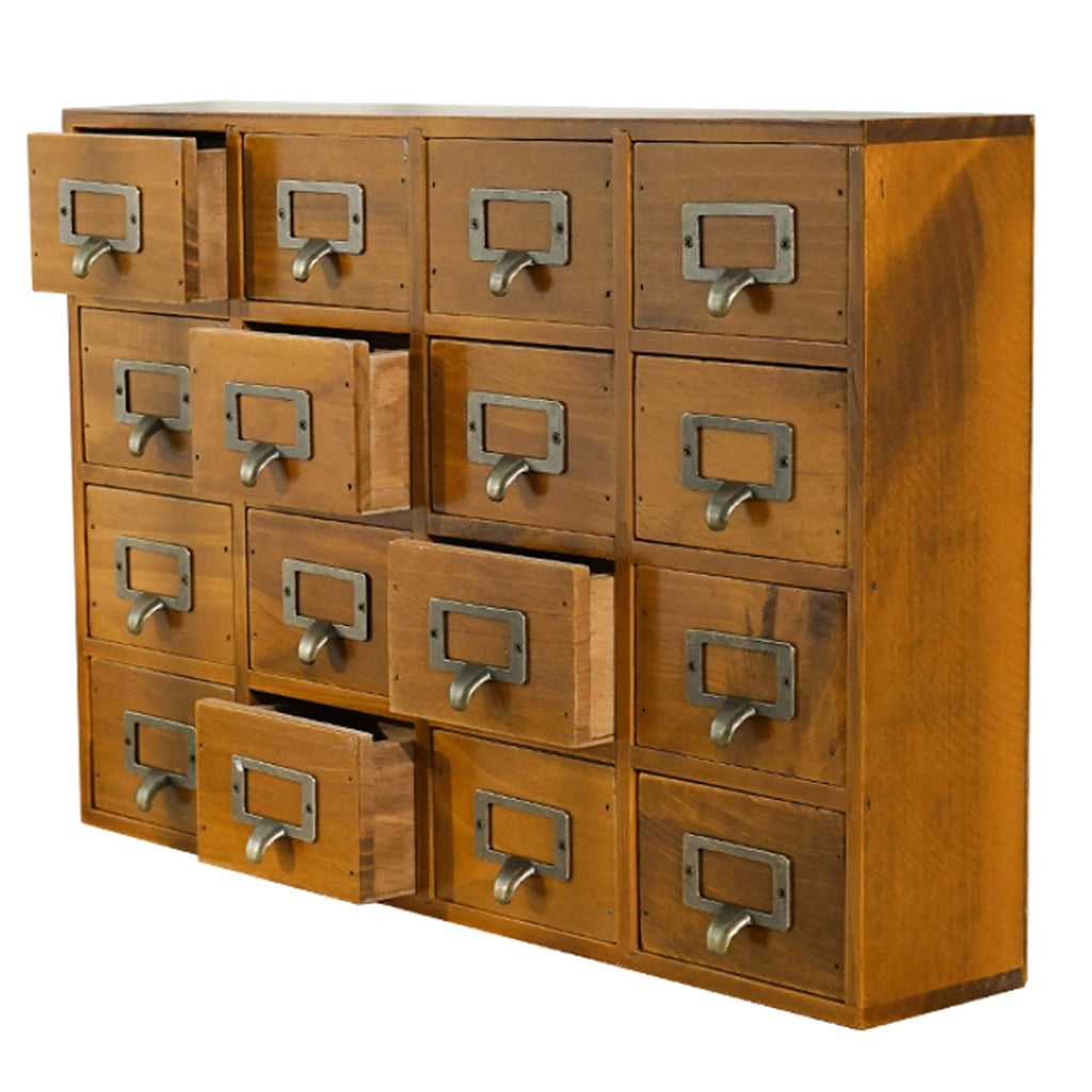 Card Catalog Desk Drawer Organizer - Wooden Storage Box With 16 Drawers - Home Office Desk Organizer Curio Cabinet - Rustic Draw