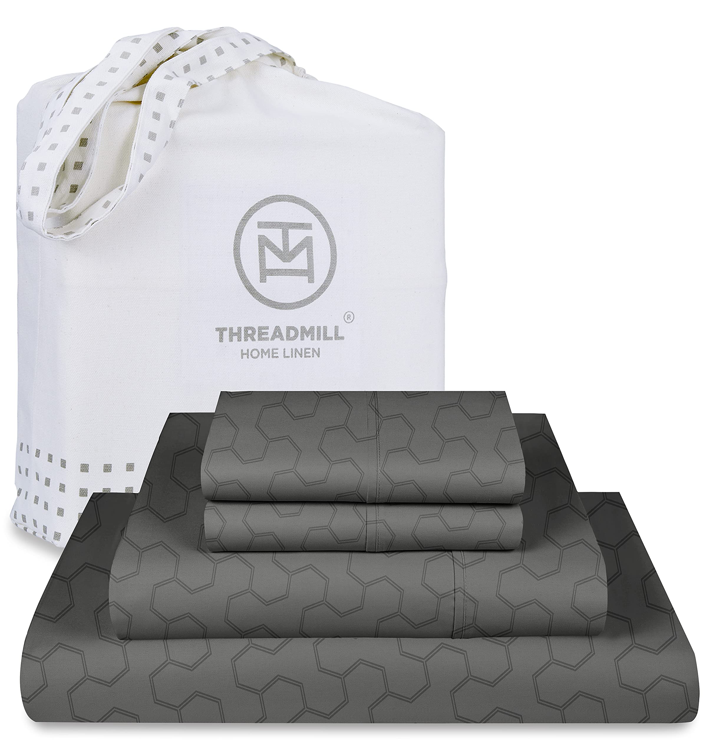 Threadmill 500 Thread Count Queen Size 4 Pc Luxury Cotton Bedding Sheets, Jacquard Floria Dark Grey, Silky Smooth Sheets with 16