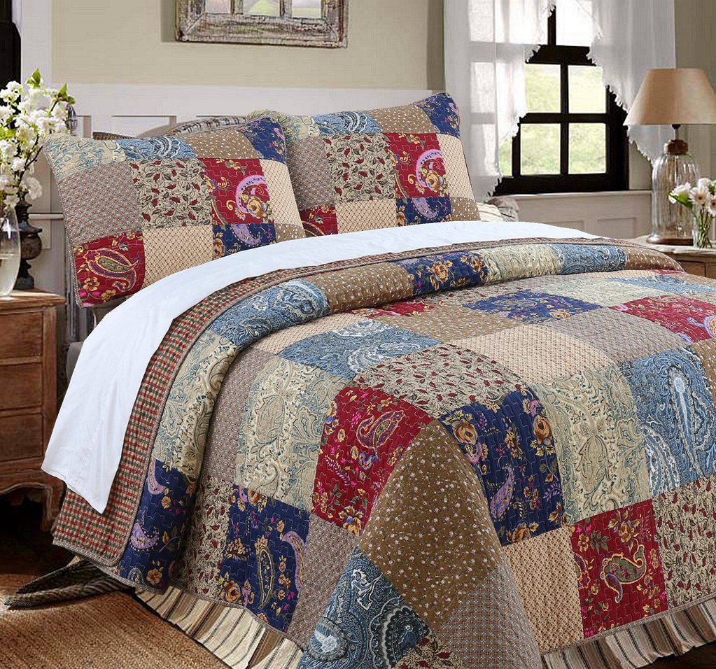 Cozy Line Home Fashions Sanders Red Navy Blue Brown Floral Print Real Patchwork, 100% Cotton Reversible Coverlet, Bedspread, Qui