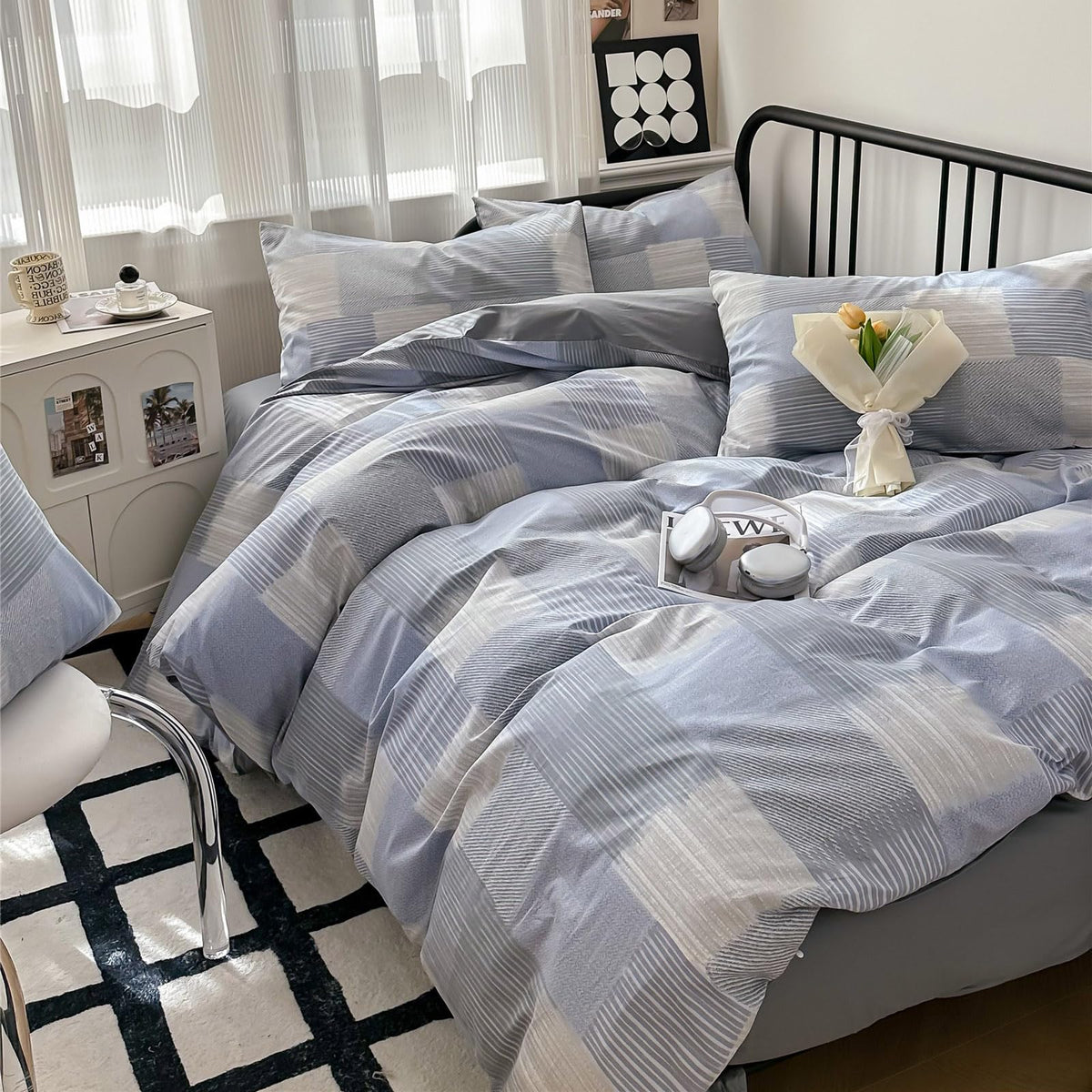 LifeTB Modern Style Patchwork Duvet Cover King Cotton Geometric Duvet Cover Blue Grey Beige Plaid Stripe Patchwork Comforter Cov