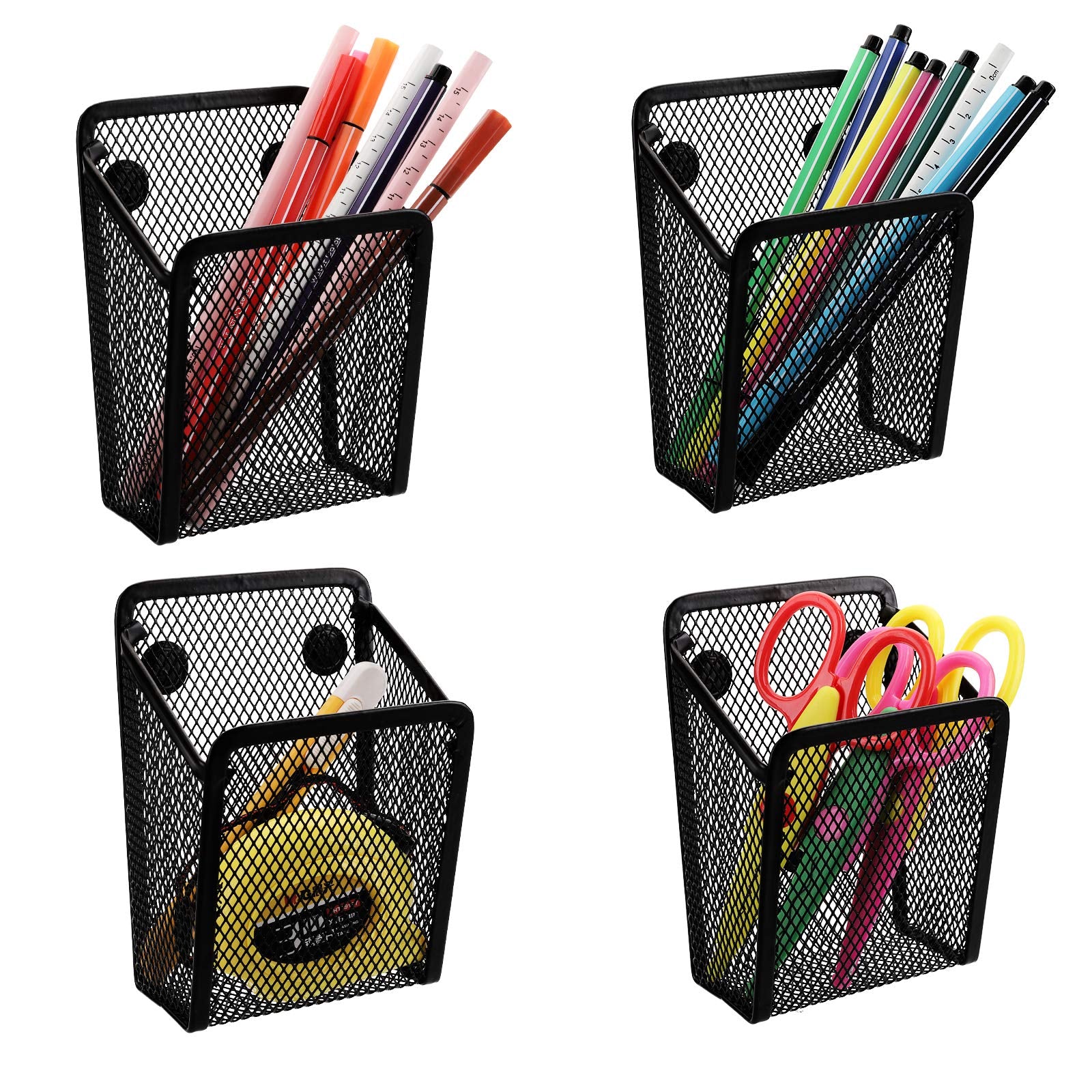 Jucoan 4 Pack Magnetic Pen Pencil Holder, Black Mesh Metal Organizer, Generous Compartment Storage Basket For Whiteboard, Fridge