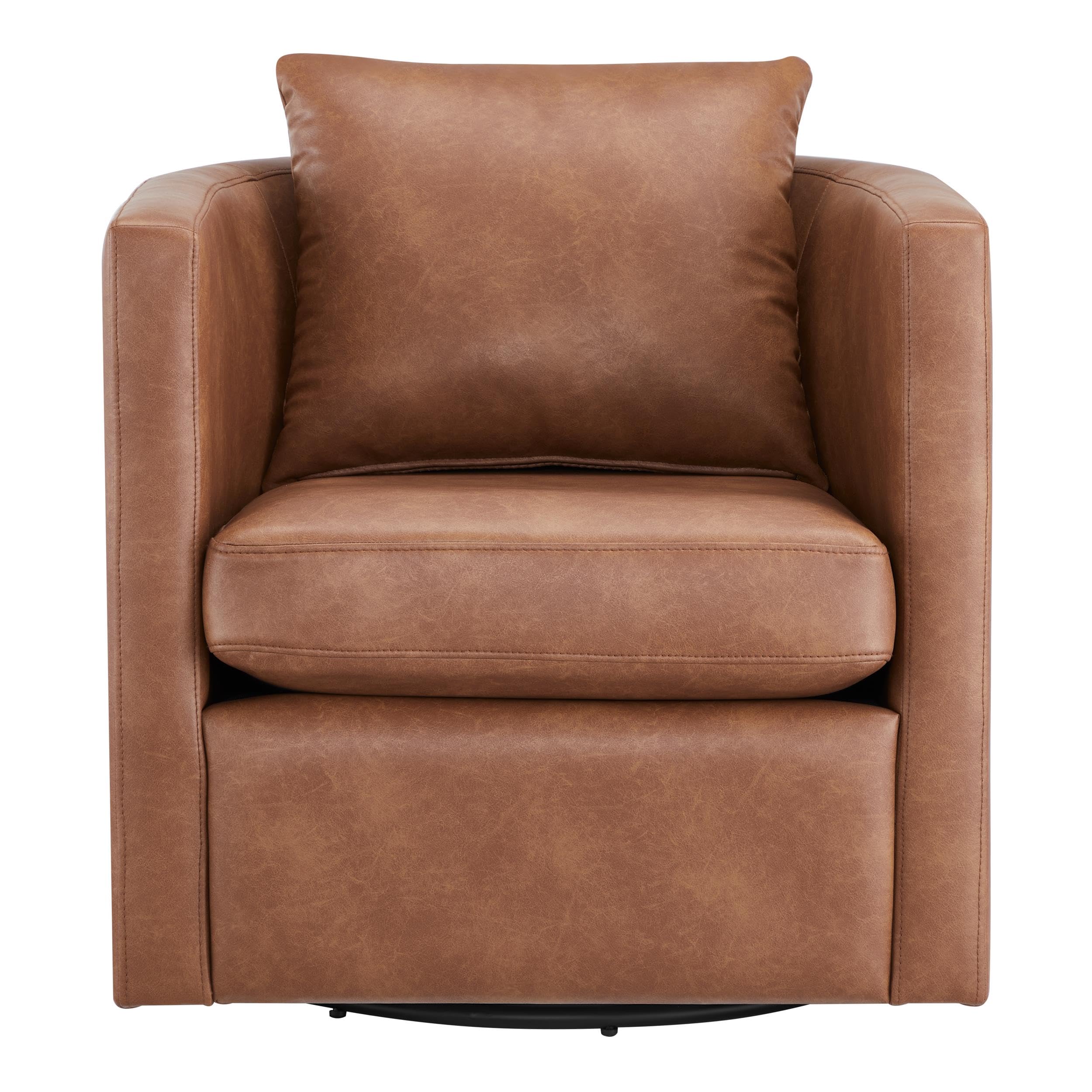 Comfort Pointe Sheldon Swivel Barrel Chair, Saddle Brown Faux Leather, Modern Accent Furniture, Home Decor, Comfortable Seating