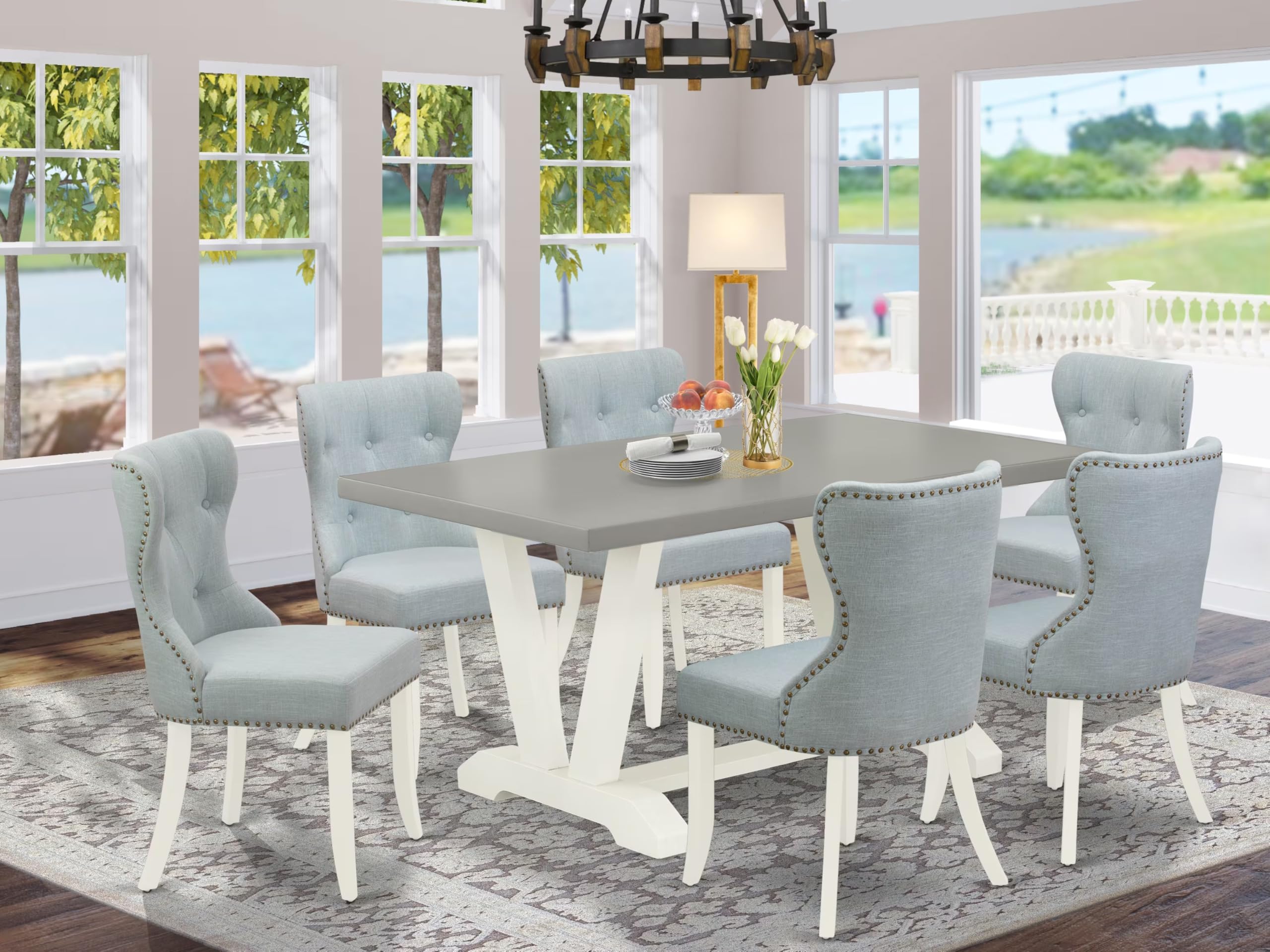 East West Furniture V096Si215-7 7 Piece Dining Table Set Consist Of A Rectangle Dining Room Table With V-Legs And 6 Baby Blue Linen Fabric Upholstered Chairs, 36X60 Inch, Multi-Color