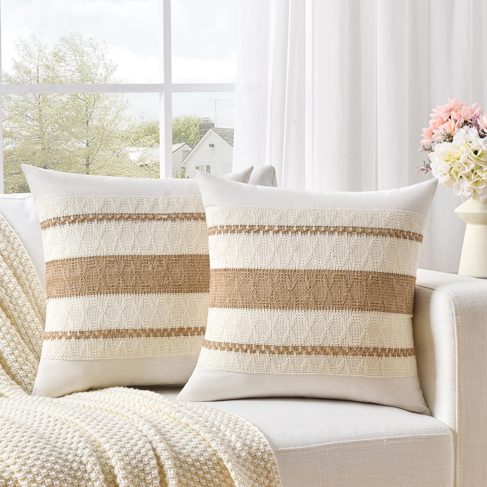 Fancy Homi Set Of 2 Boho Neutral Decorative Throw Pillow Cover 20X20 Inch For Couch Bed Sofa, Aesthetic Modern Organic Farmhouse