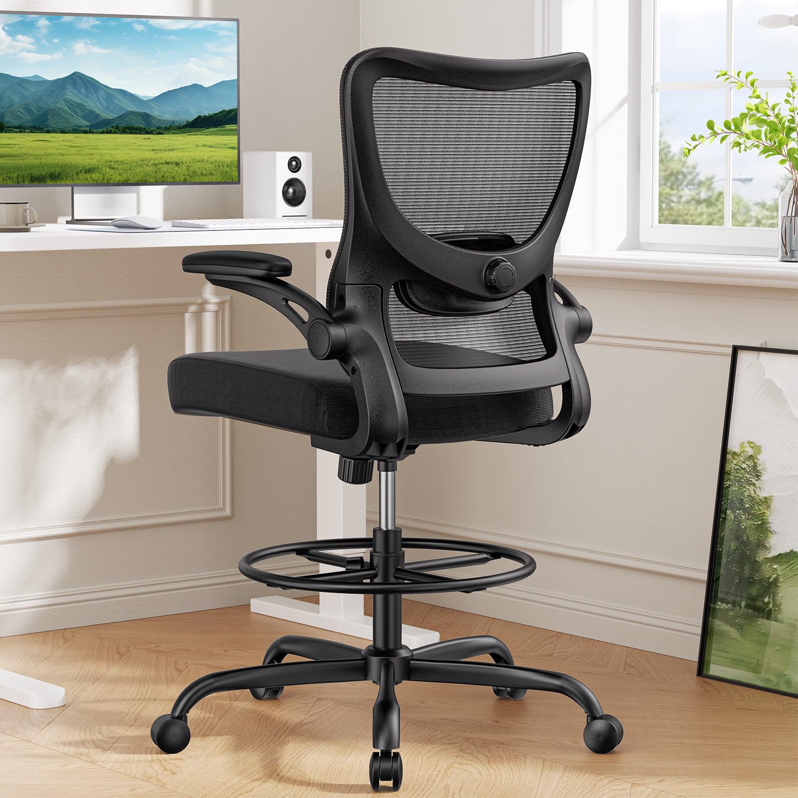 Marsail Drafting Chair, Tall Office Chair with 2D Lumbar Support, Standing Desk Chair with Padded Flip-Up Armrests & Adjustable 