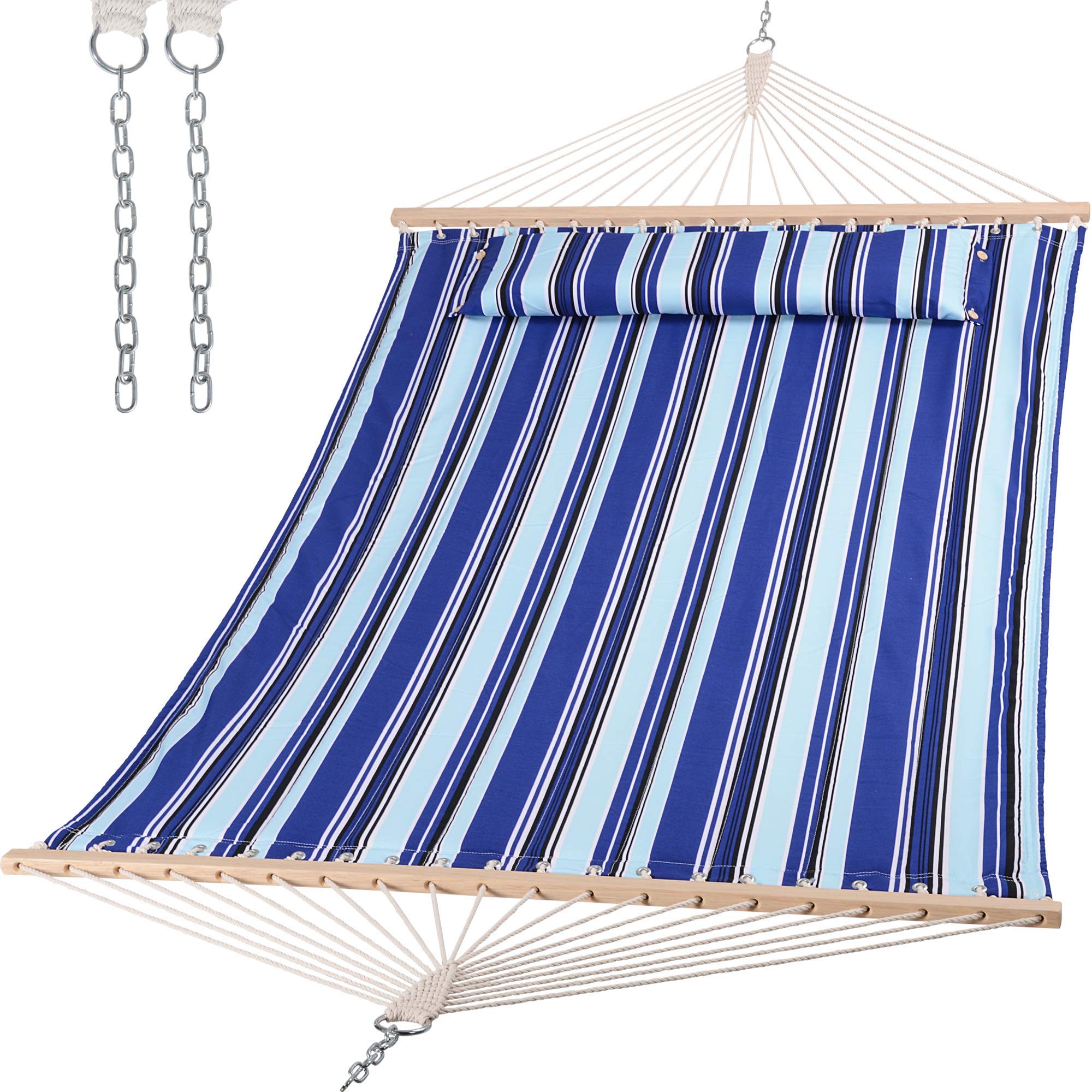 Suncreat Hammocks Quilted Fabric Hammock, Double Hammock With Spreader Bar, Soft Pillow, Max 475Lbs Capacity, Blue Stripes