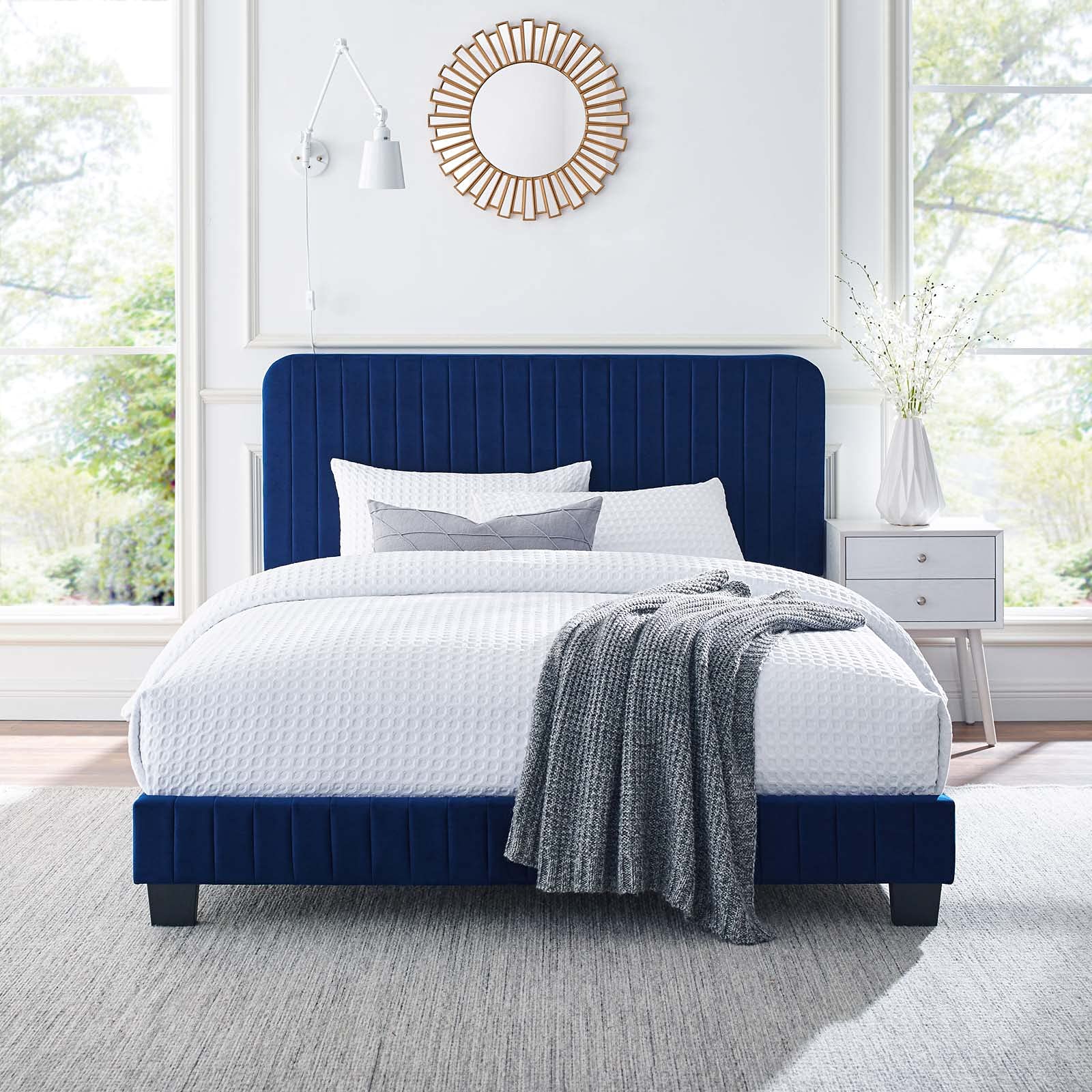 Modway Celine Channel Tufted Performance Velvet King Platform Bed in Navy